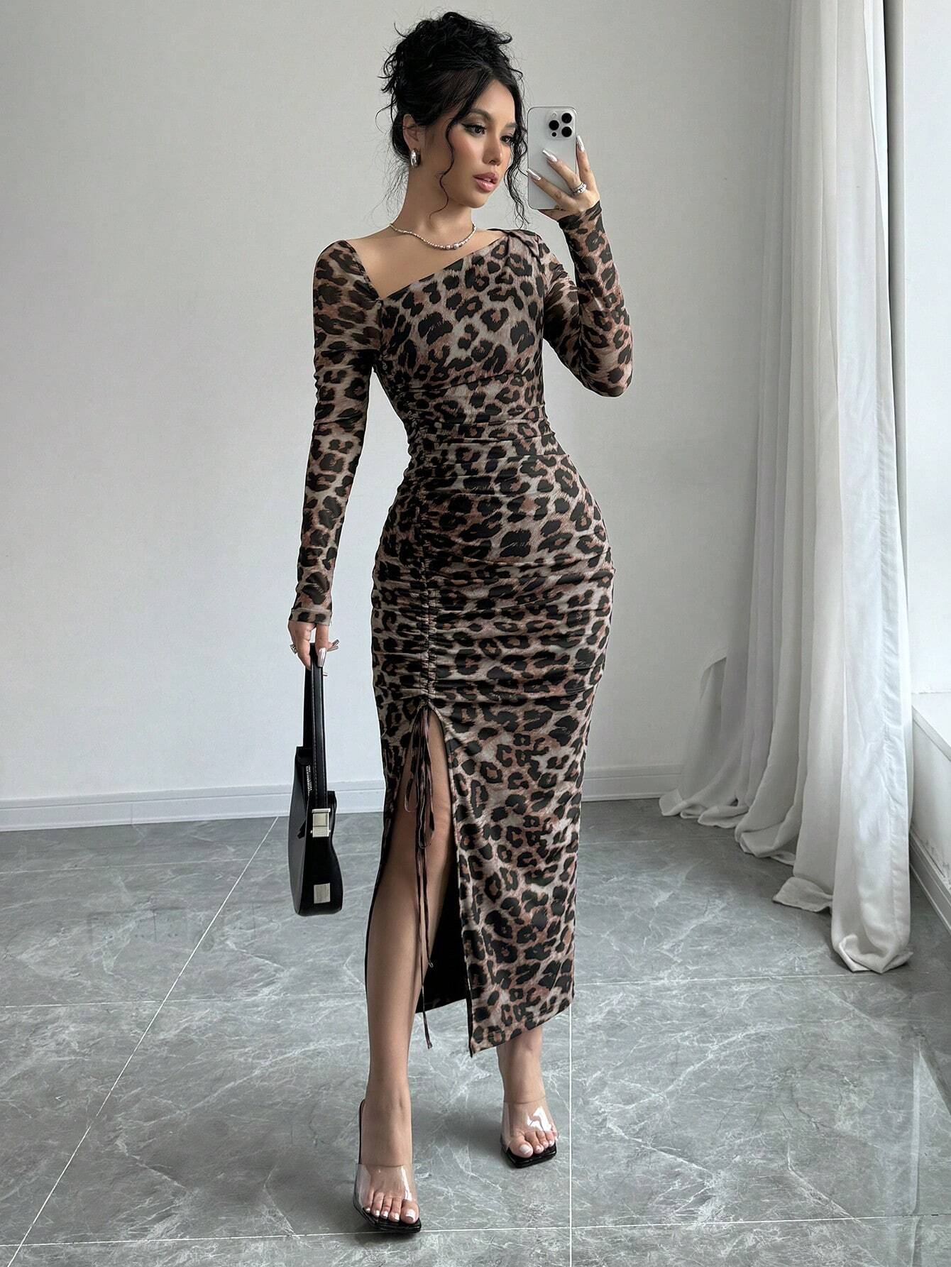 Buy SHEIN Raffinéa Women's Elegant Asymmetrical Neck Cinched Waist Ruched Long Sleeve Dress With Leopard Print Mesh Maxi Women Outfit Bodycon Long Dressslit Dressleopard Print Dress in Pakistan
