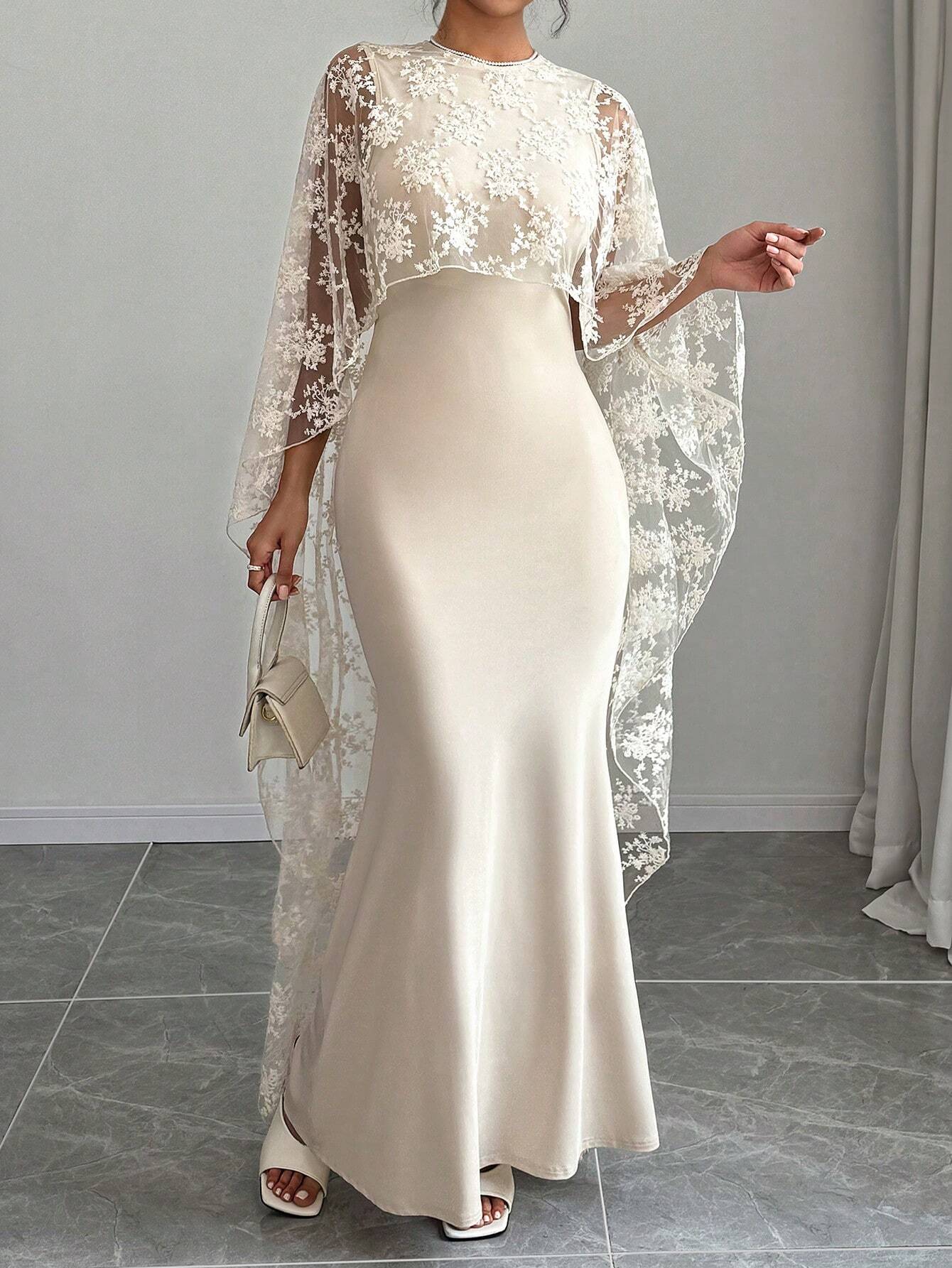 Buy SHEIN Raffinéa Women's Solid Color Round Neck Cape Sleeve Lace Patchwork Elegant Long Dress in Pakistan