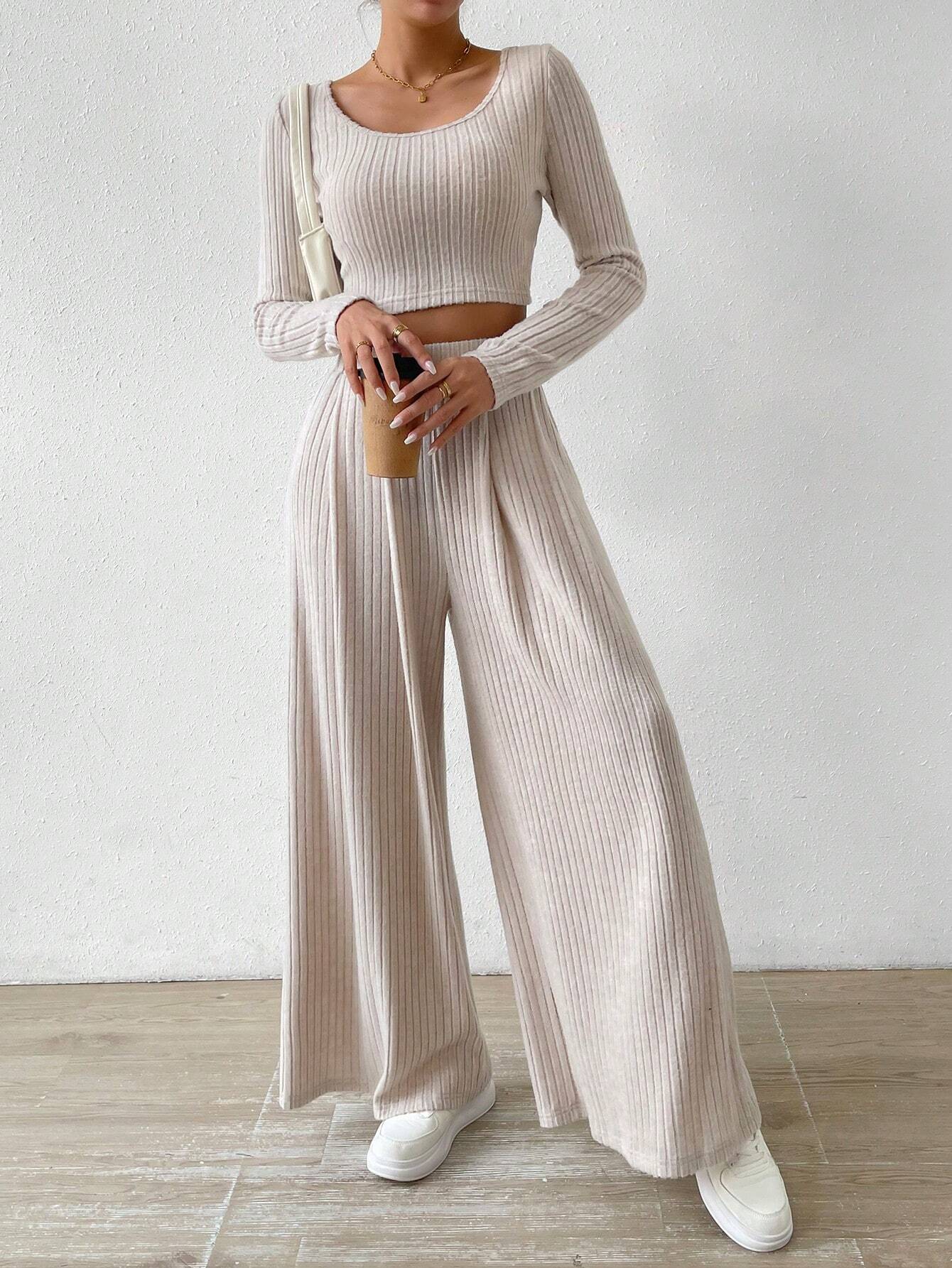 Buy SHEIN Relaxiva Scoop Neck Crop Tee & Wide Leg Pants in Pakistan