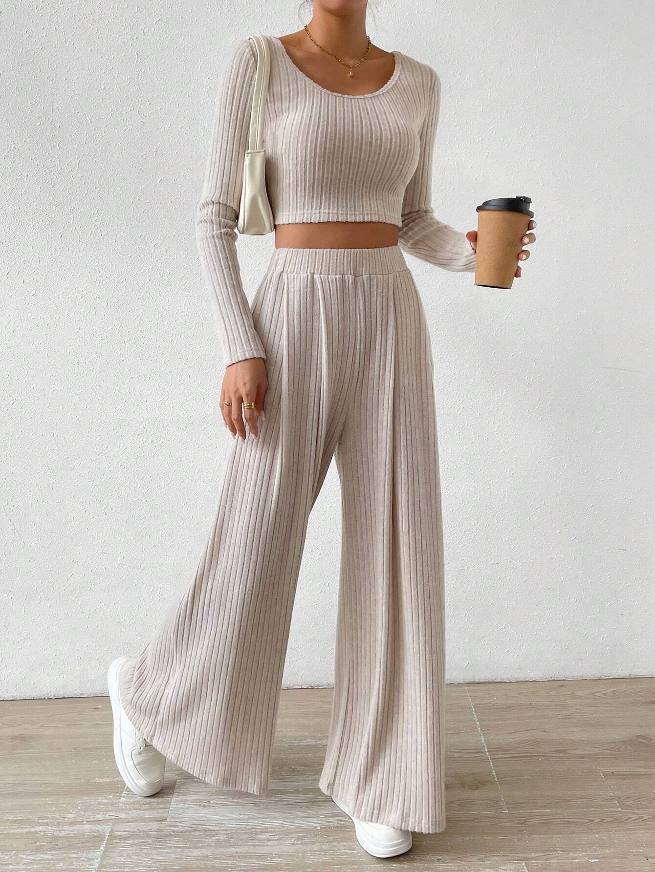 Buy SHEIN Relaxiva Scoop Neck Crop Tee & Wide Leg Pants in Pakistan