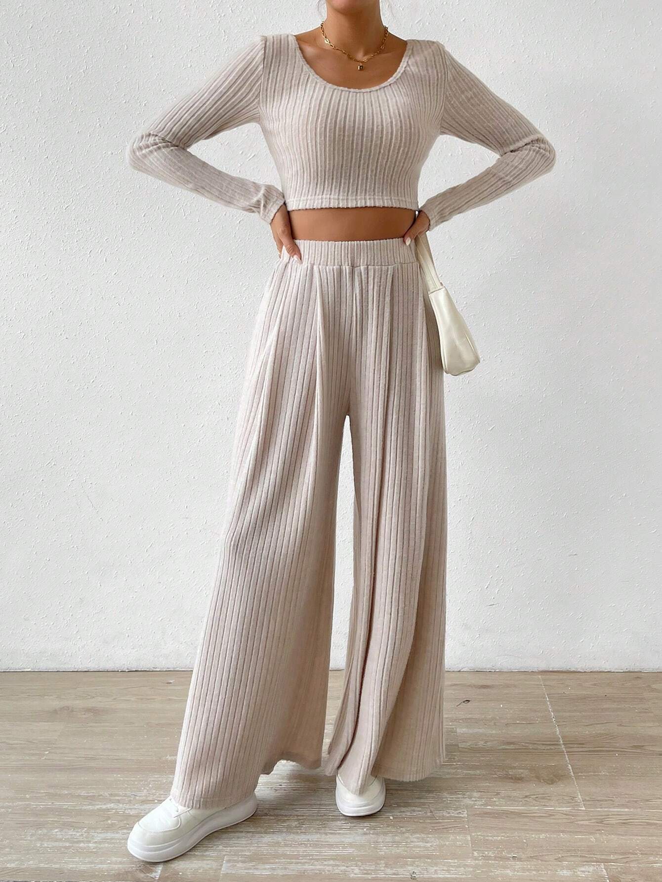 Buy SHEIN Relaxiva Scoop Neck Crop Tee & Wide Leg Pants in Pakistan