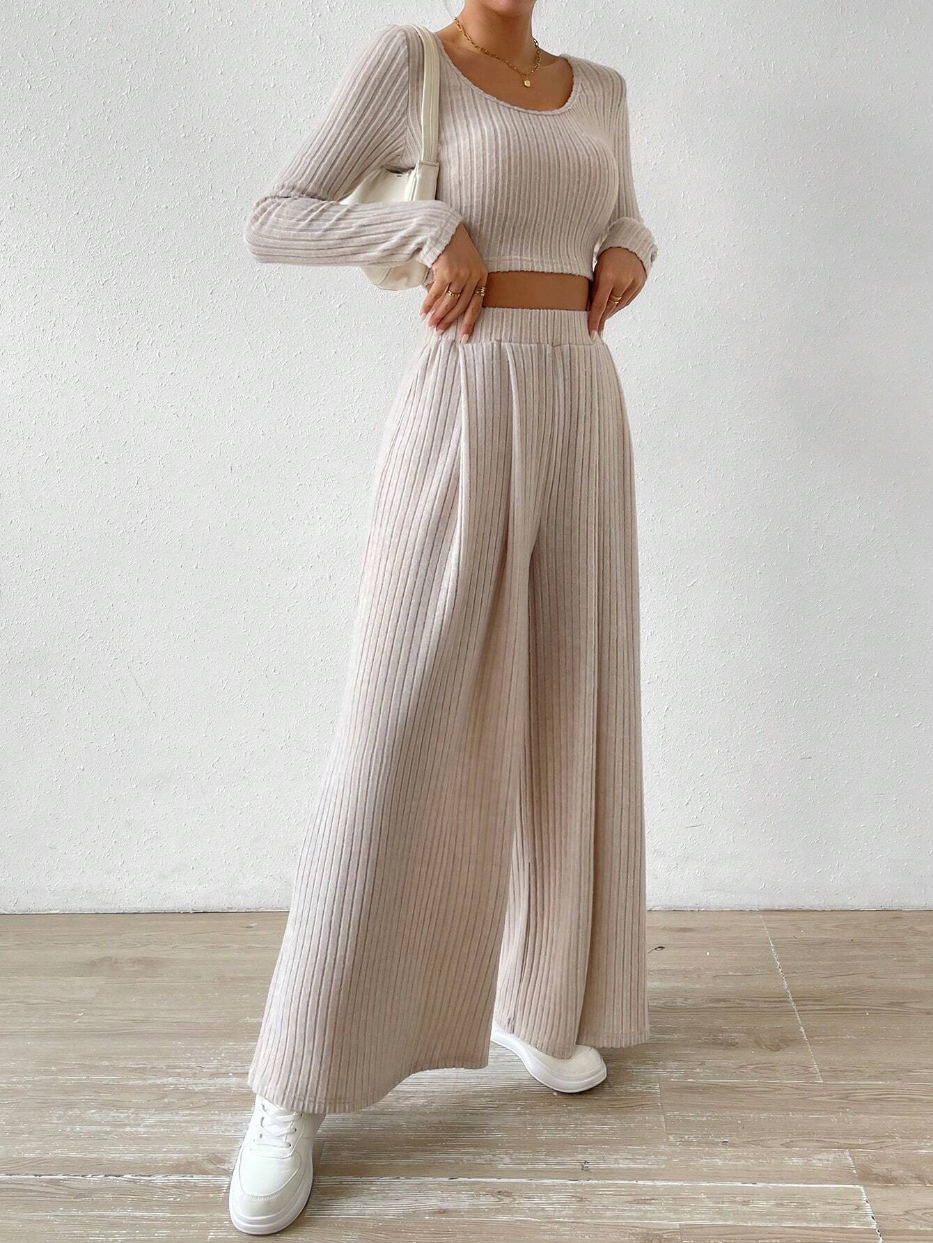 Buy SHEIN Relaxiva Scoop Neck Crop Tee & Wide Leg Pants in Pakistan