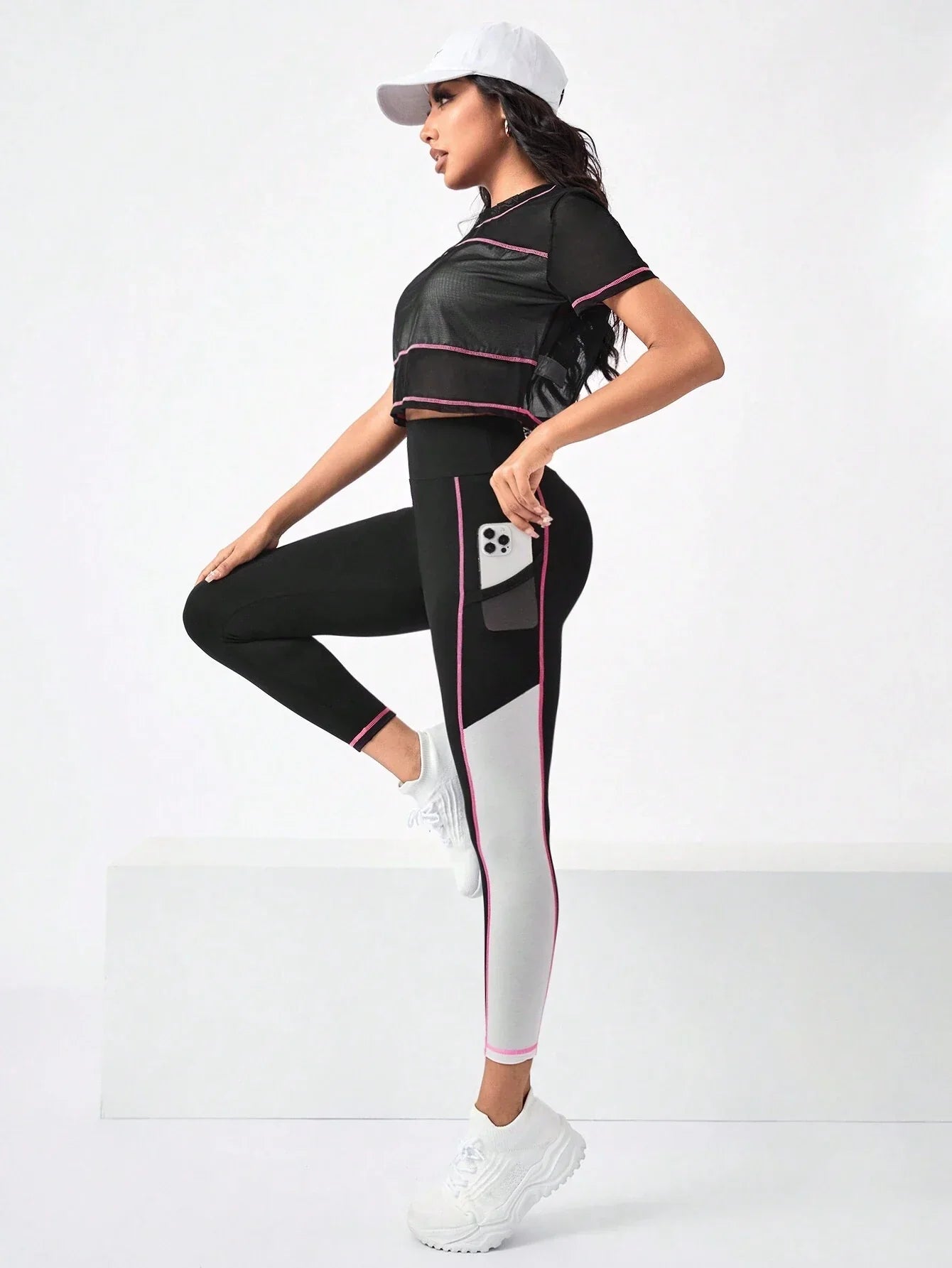 Buy SHEIN Running Colorblock Sports Tee & Phone Pocket Side Leggings in Pakistan