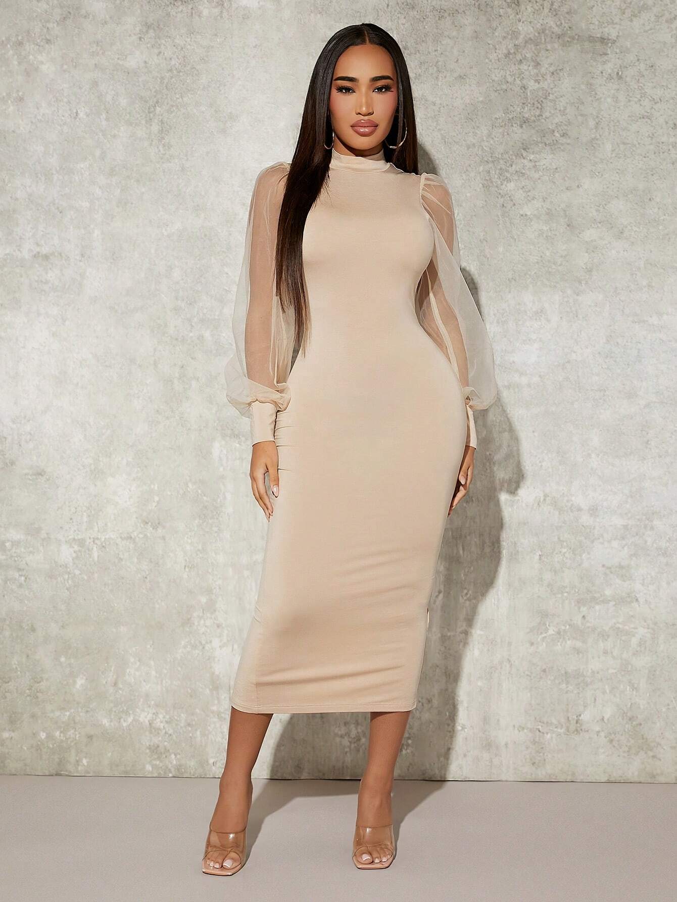 Buy SHEIN SXY Contrast Mesh Mock Neck Bodycon Dress in Pakistan