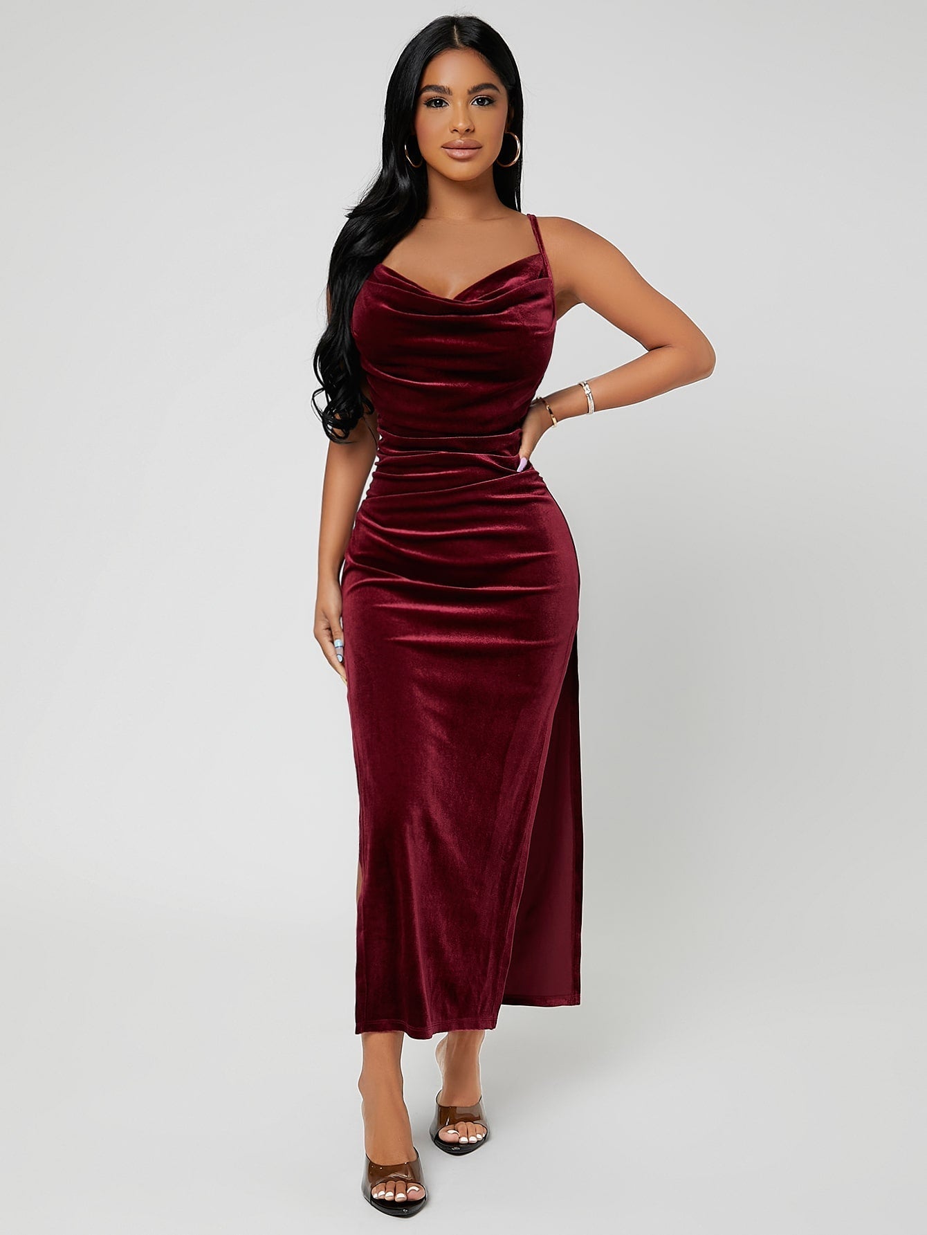 Buy SHEIN SXY Draped Collar Split Thigh Velvet Cami Dress in Pakistan