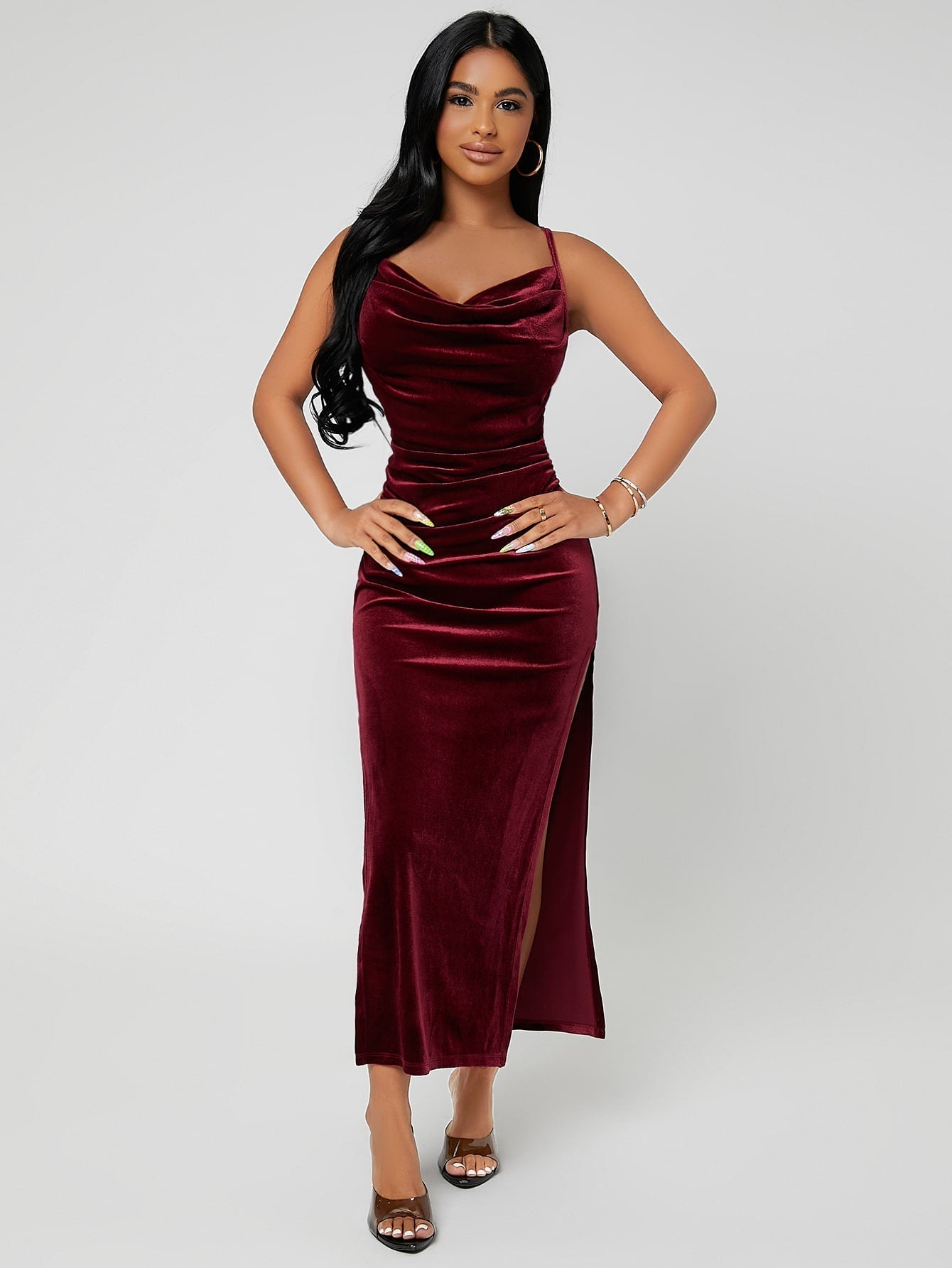Buy SHEIN SXY Draped Collar Split Thigh Velvet Cami Dress in Pakistan