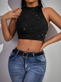 Buy SHEIN SXY Mock Neck Glitter Crop Halter Top in Pakistan