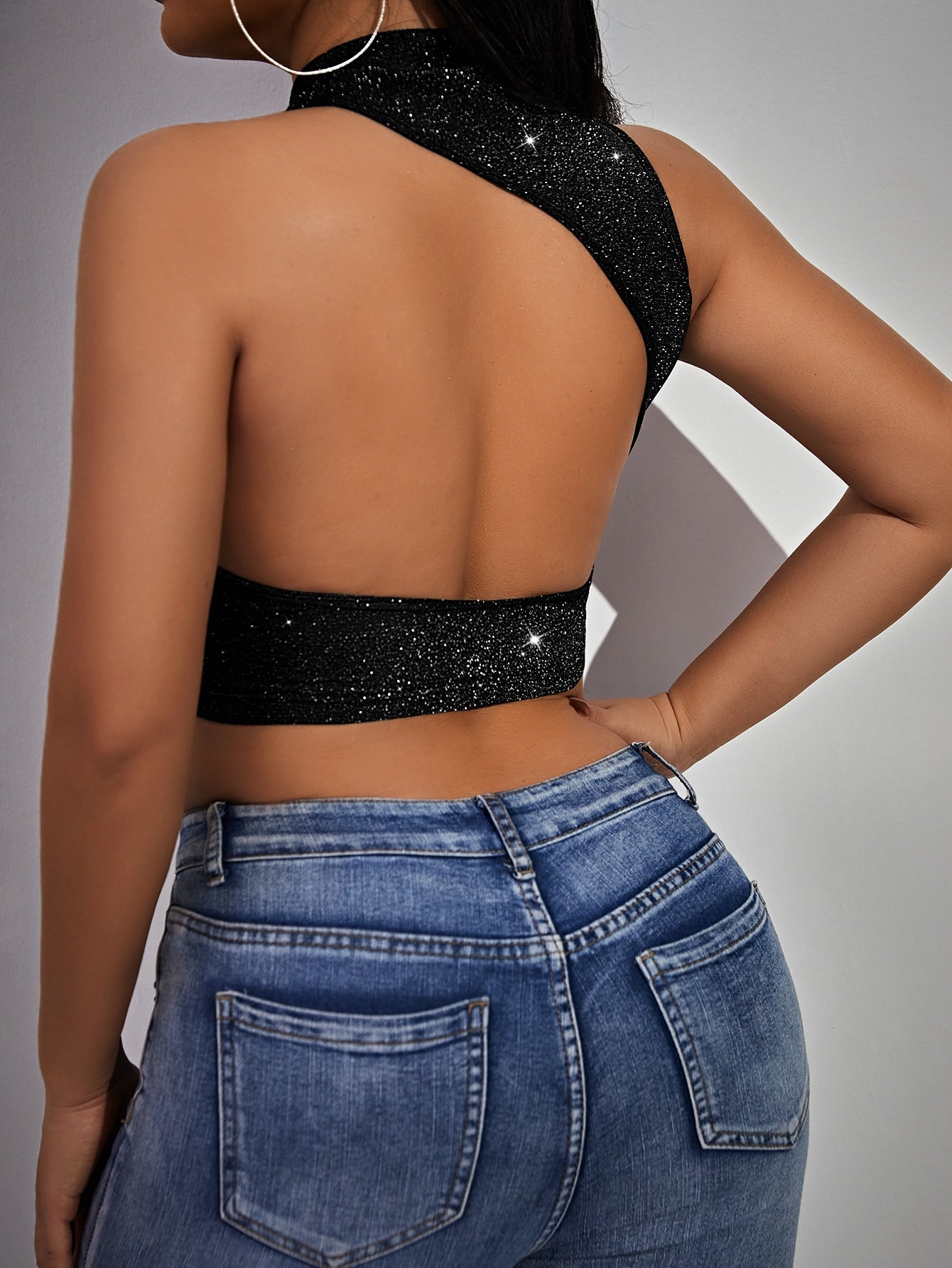 Buy SHEIN SXY Mock Neck Glitter Crop Halter Top in Pakistan