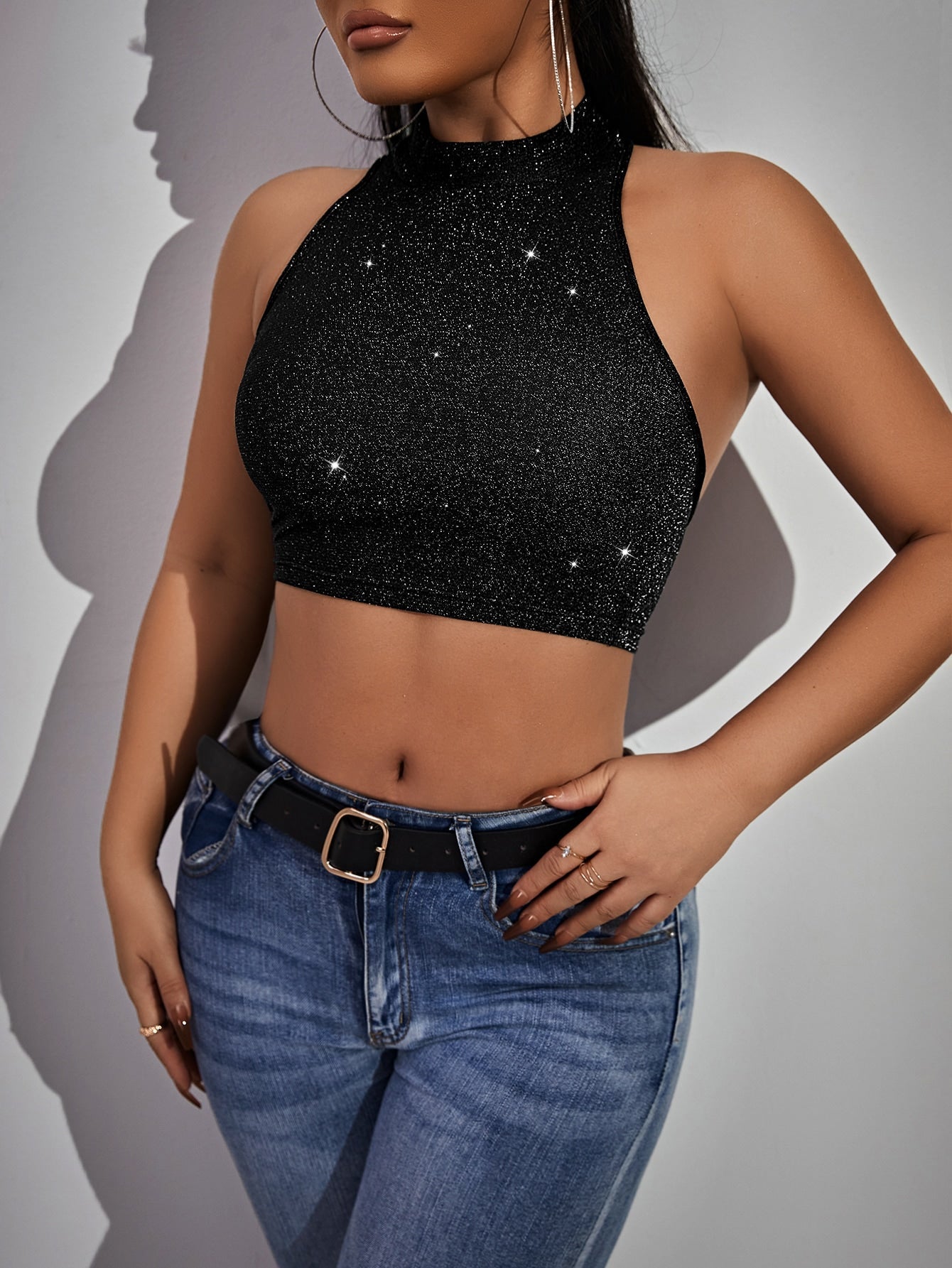 Buy SHEIN SXY Mock Neck Glitter Crop Halter Top in Pakistan