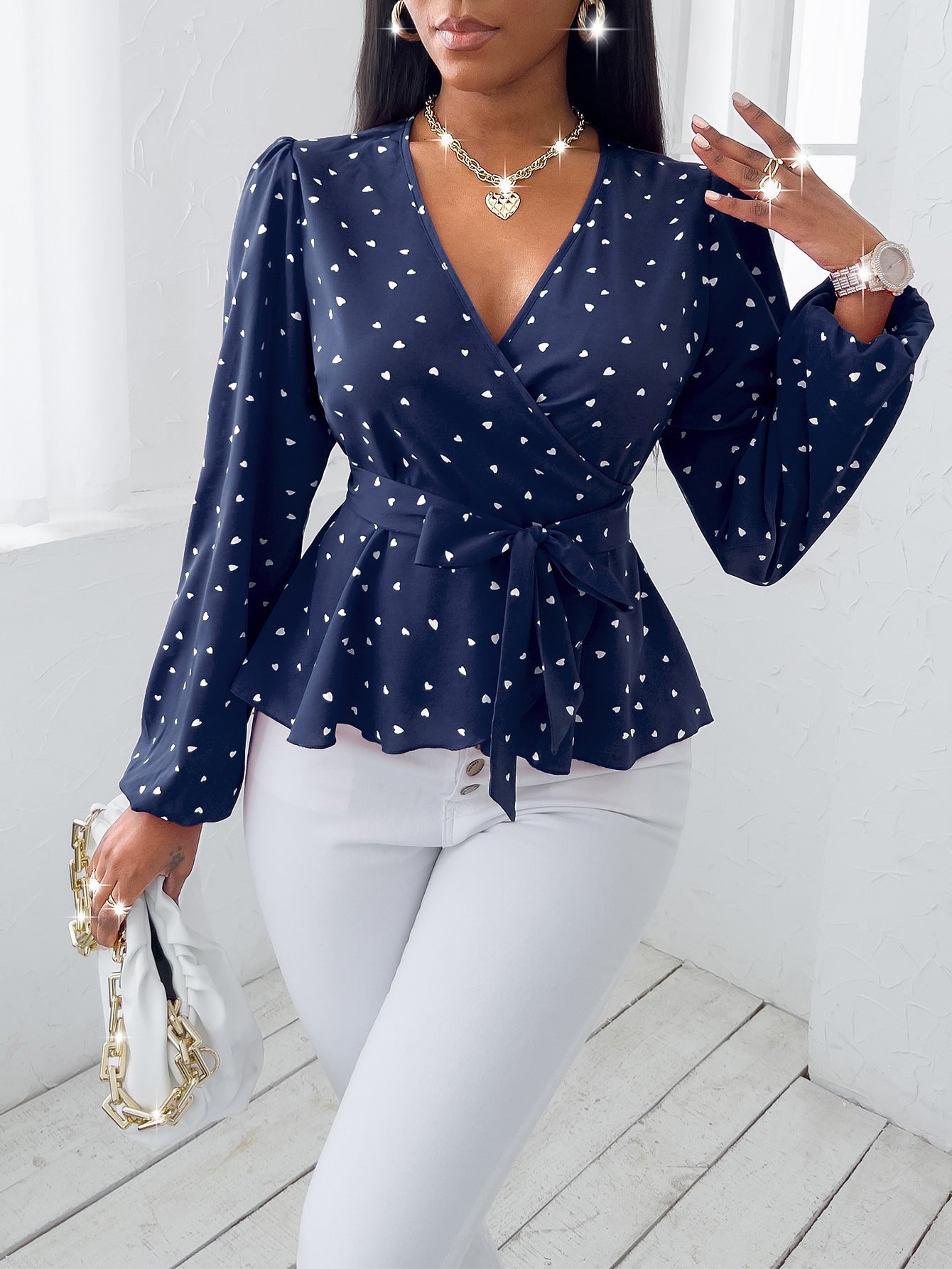 Buy SHEIN SXY Random Heart Print Surplice Neck Belted Blouse in Pakistan