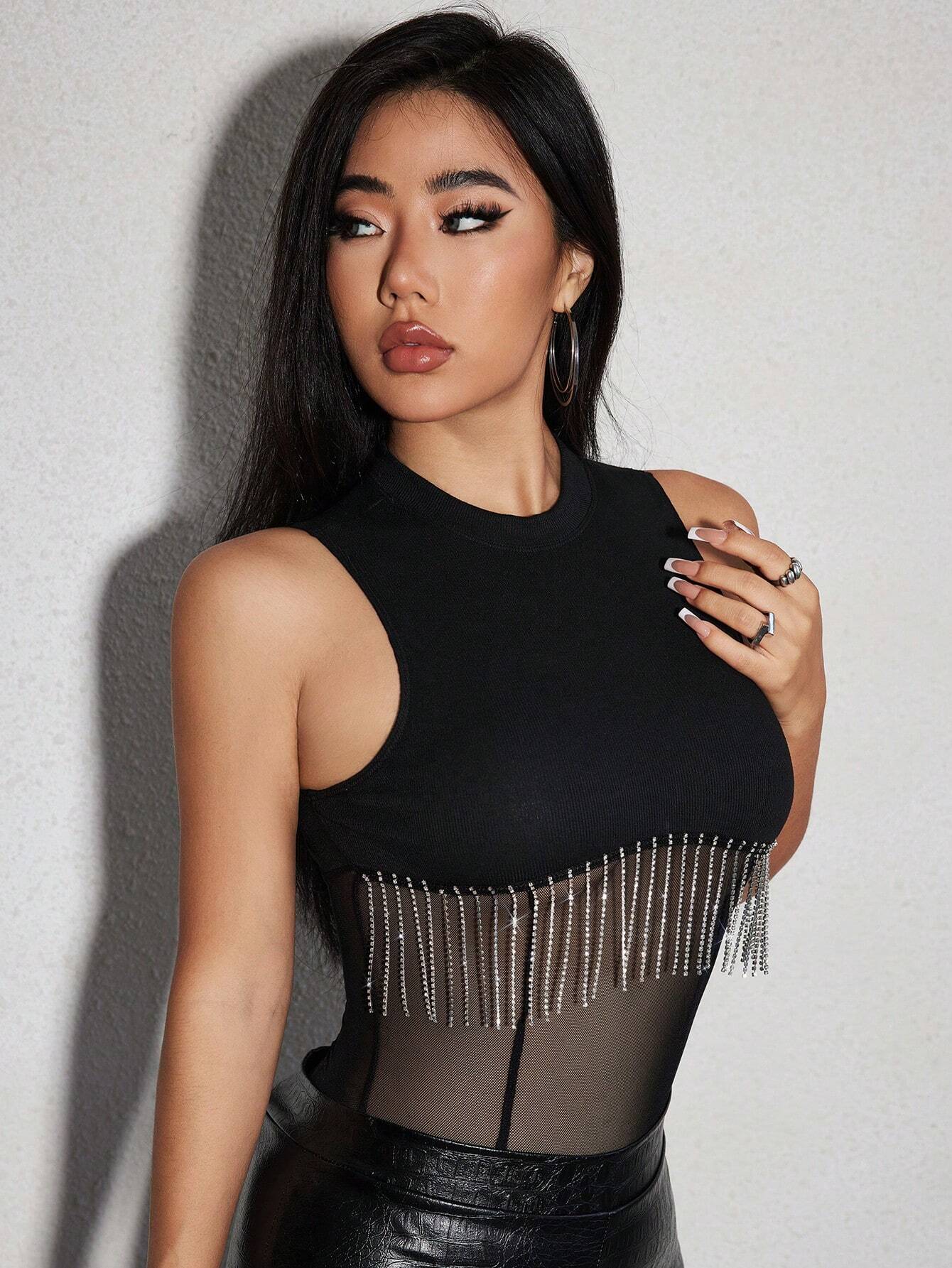 Buy SHEIN SXY Rhinestone Fringe Trim Mesh Insert Bodysuit in Pakistan