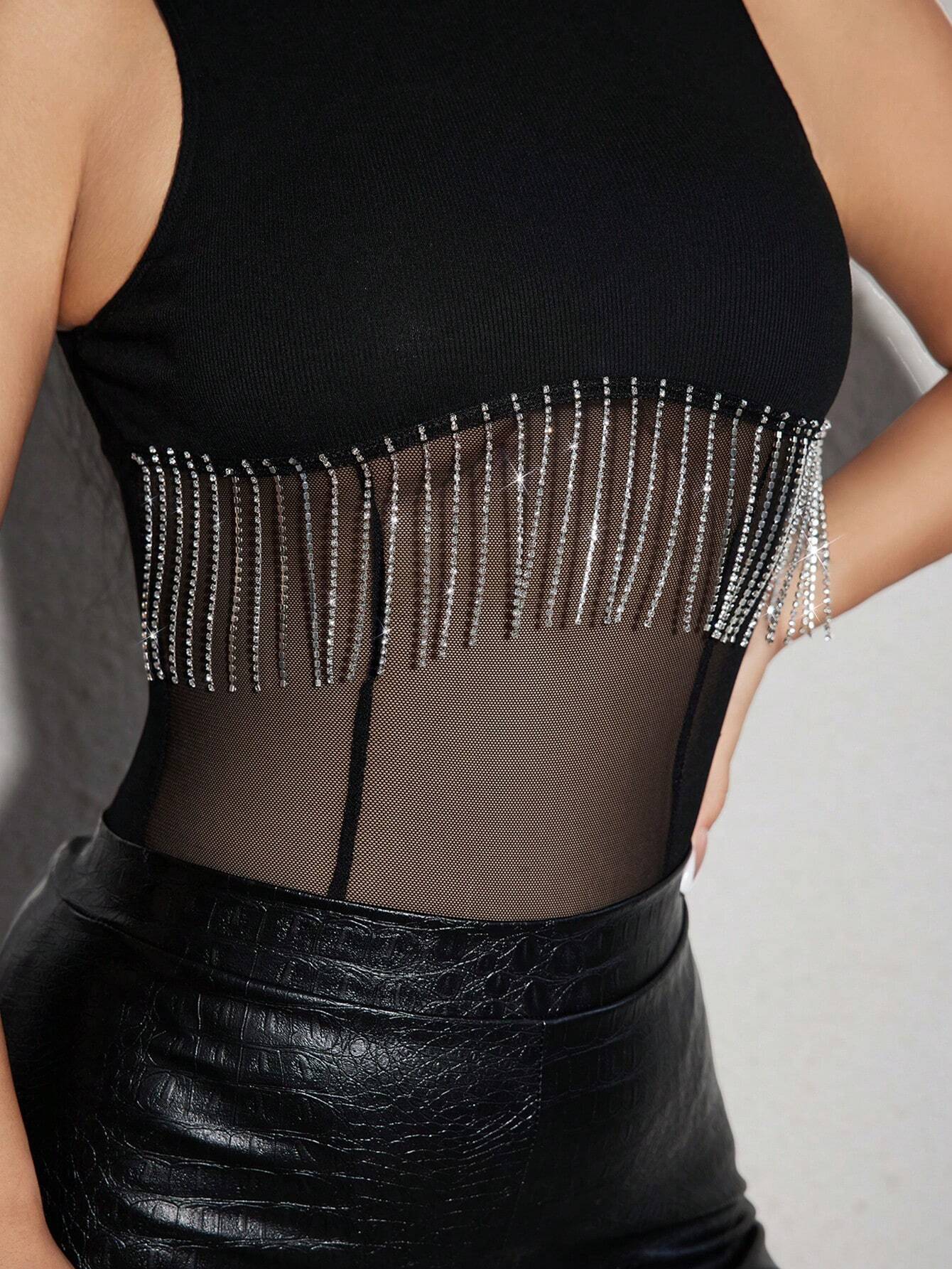 Buy SHEIN SXY Rhinestone Fringe Trim Mesh Insert Bodysuit in Pakistan