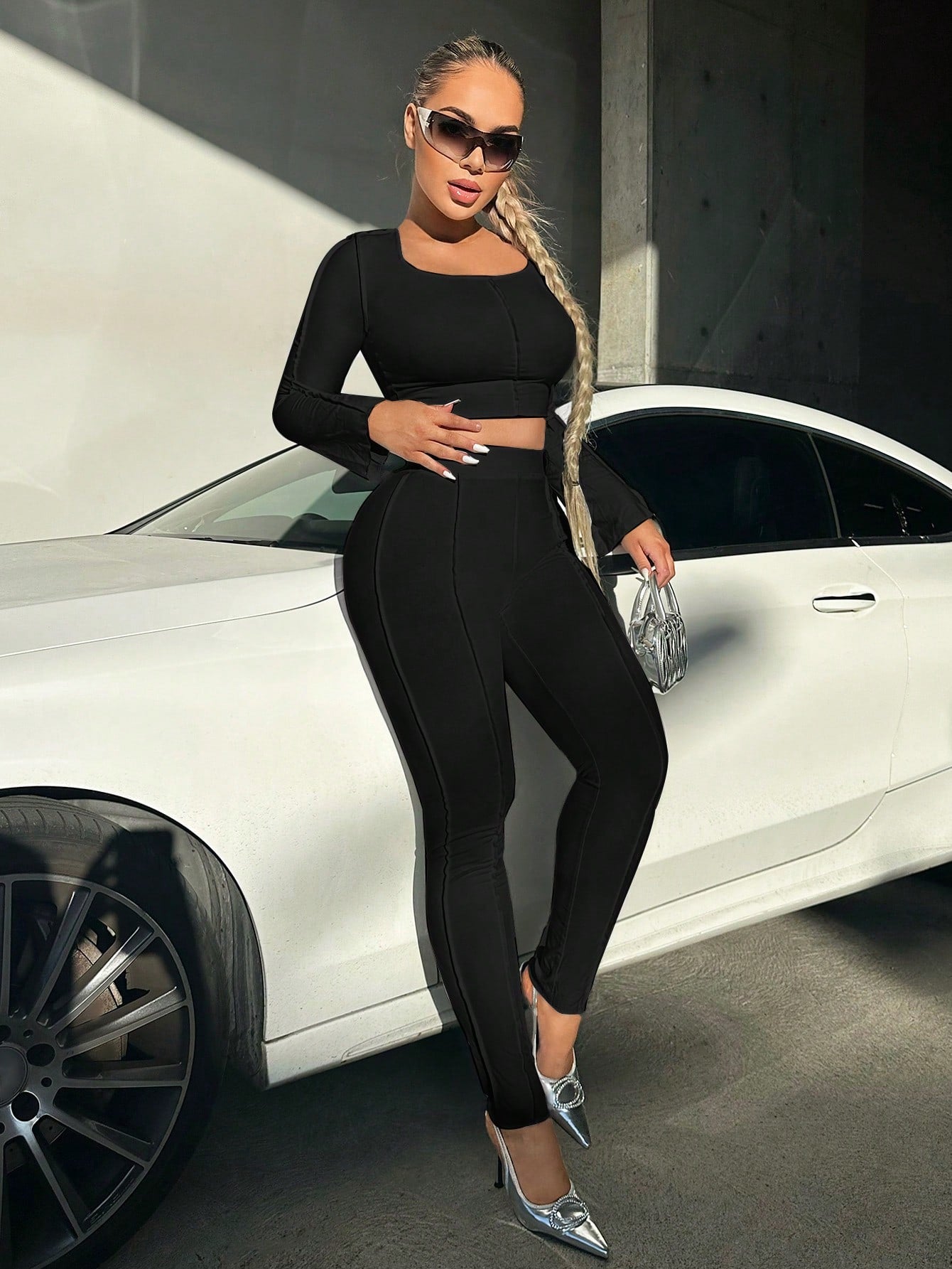 Buy SHEIN SXY Solid Crop Tee & High Waist Leggings in Pakistan