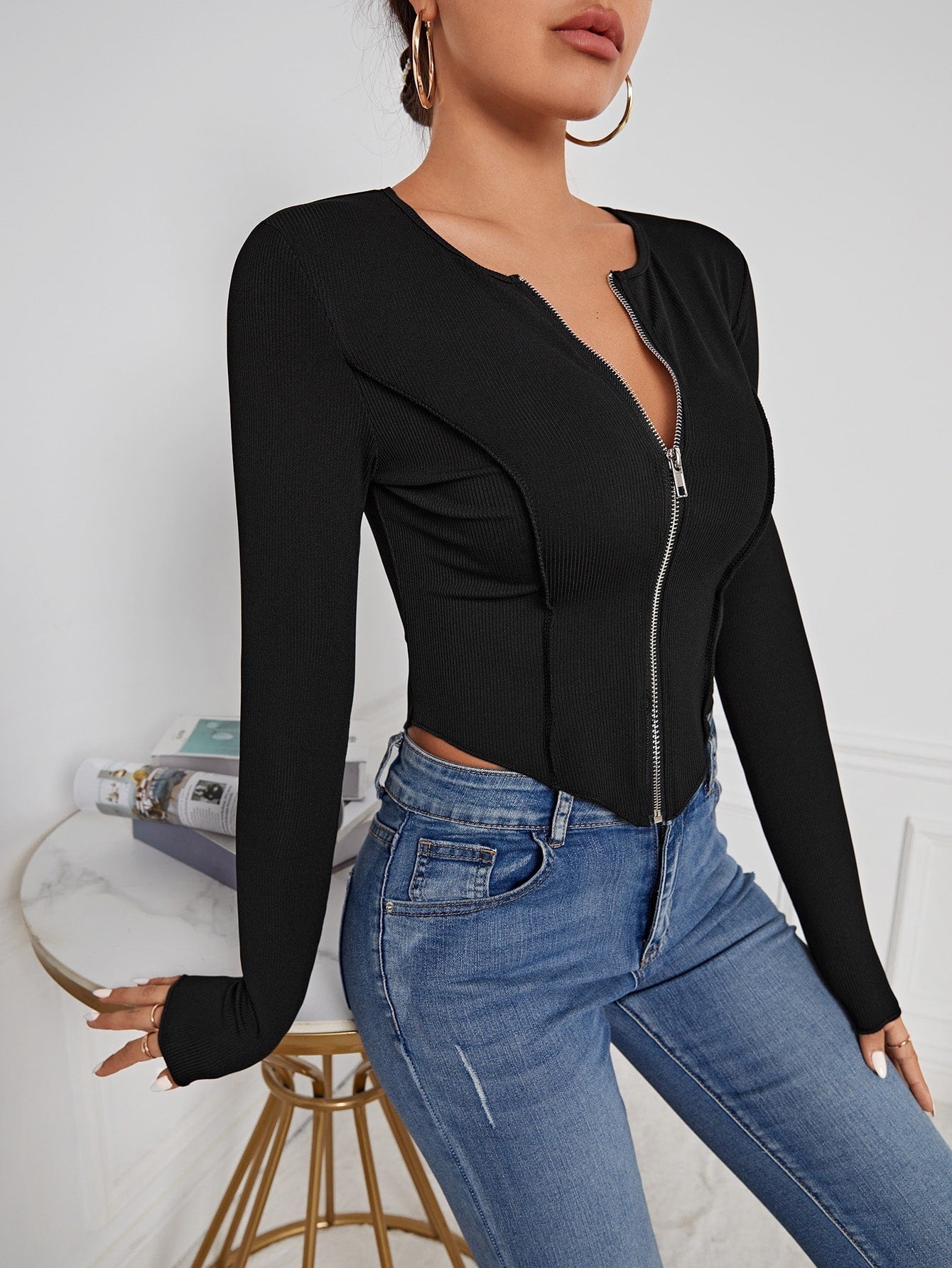 Buy SHEIN SXY Zip Up Seam Detail Hanky Hem Tee in Pakistan