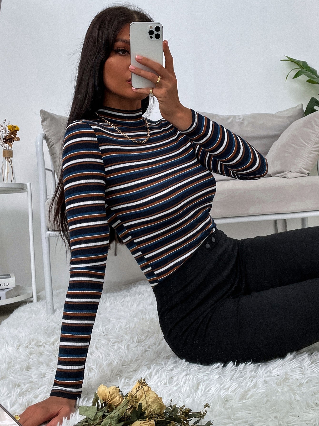 Buy SHEIN Slayr Colourful Striped Mock Neck Tee in Pakistan