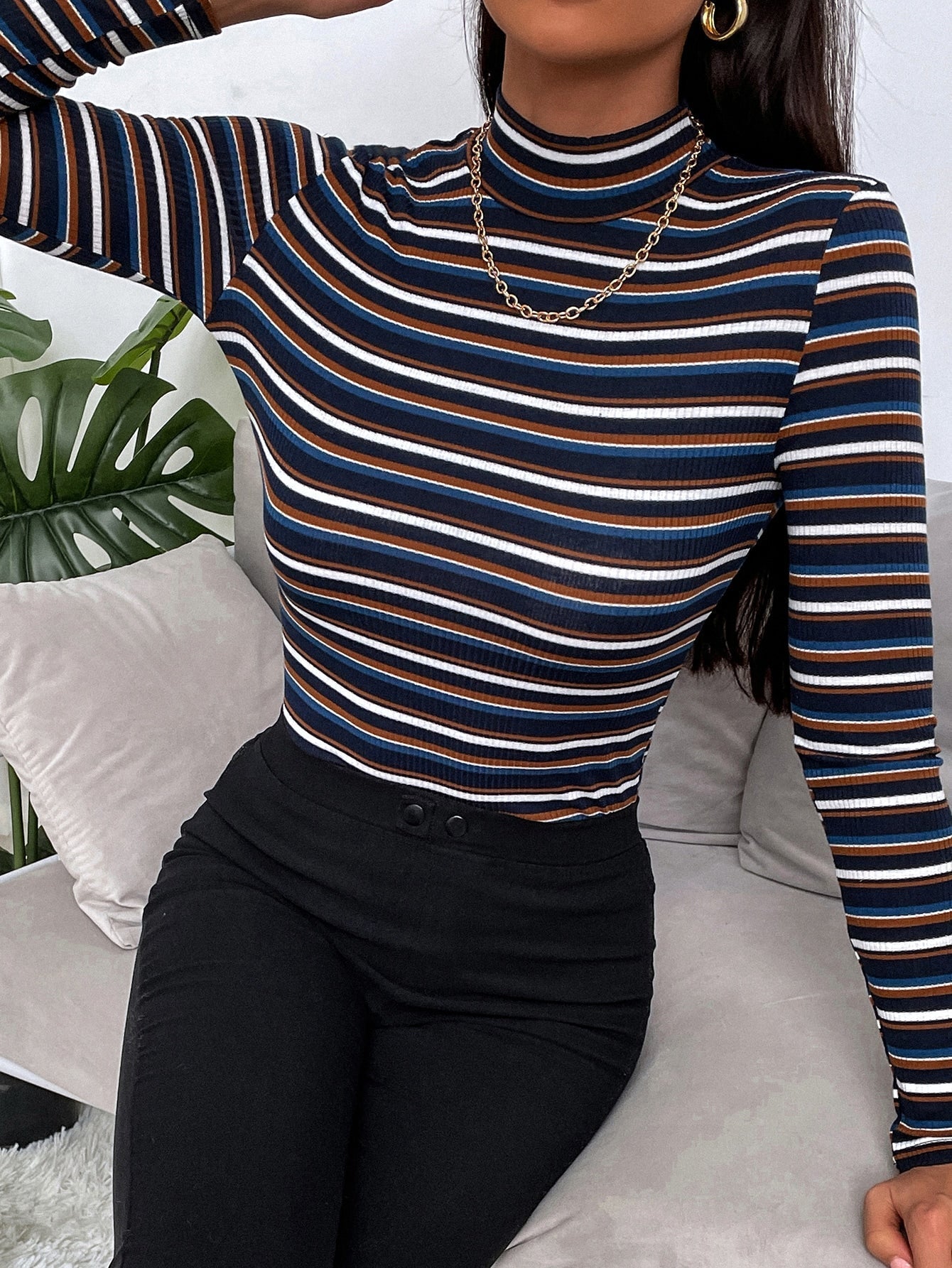 Buy SHEIN Slayr Colourful Striped Mock Neck Tee in Pakistan