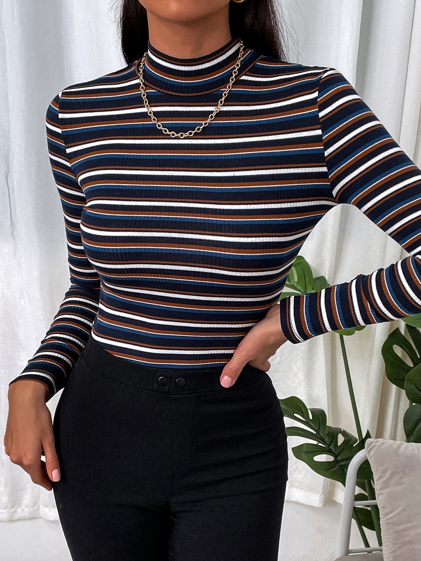 Buy SHEIN Slayr Colourful Striped Mock Neck Tee in Pakistan