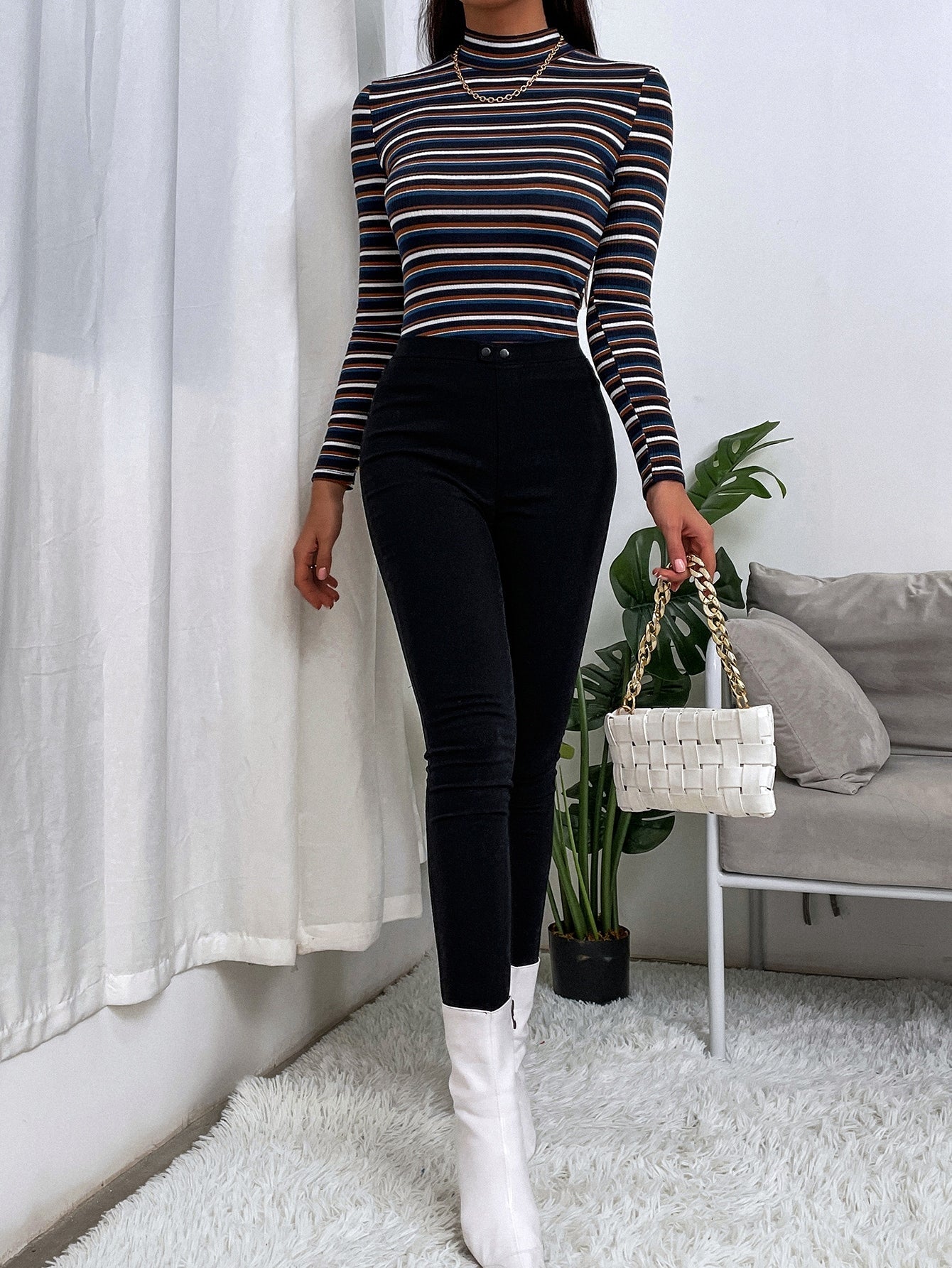 Buy SHEIN Slayr Colourful Striped Mock Neck Tee in Pakistan