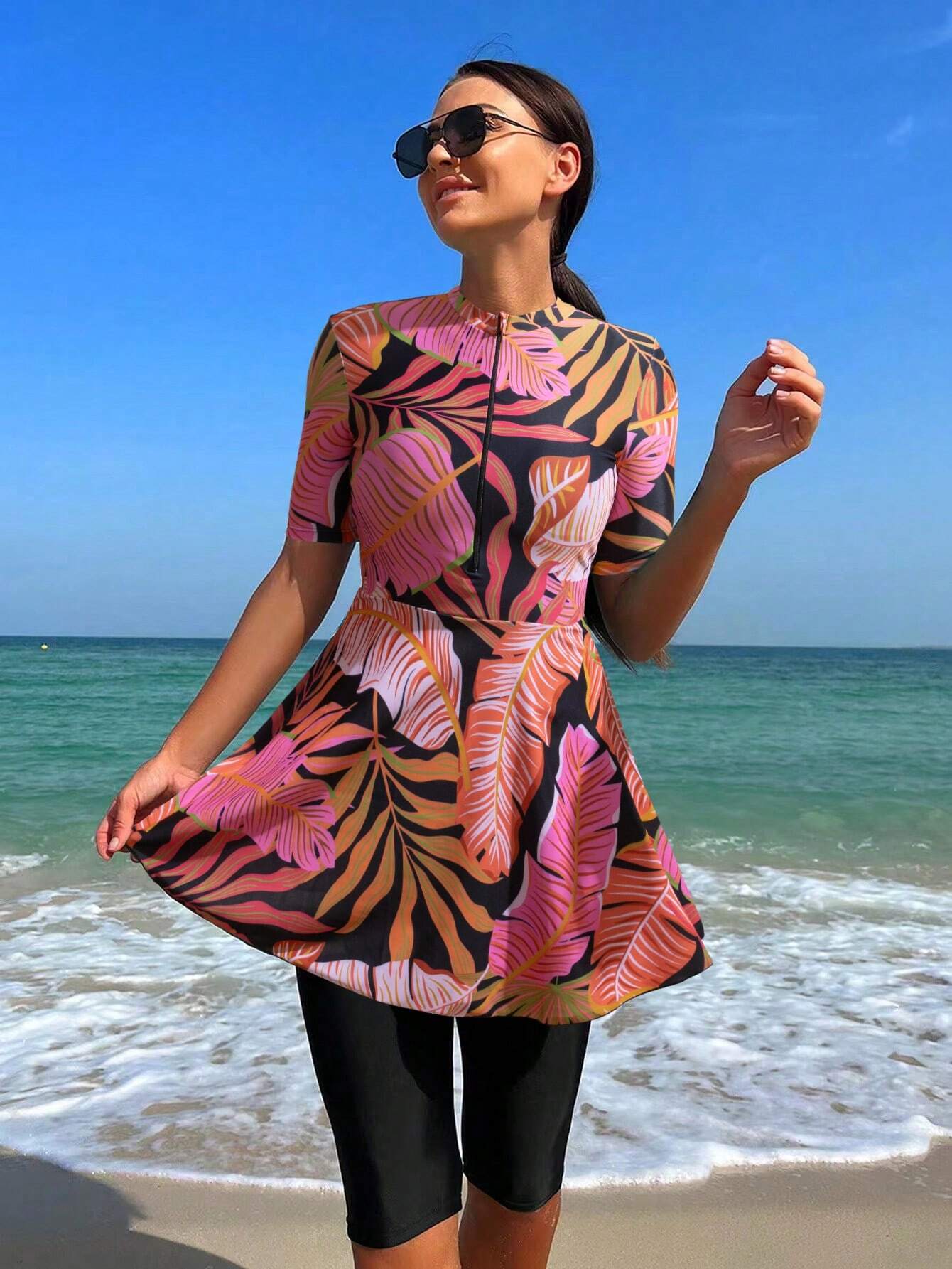 Buy SHEIN Swim Mulvari Summer Beach Tropical Print Zip Front Top & Short Leggings Swimsuit in Pakistan