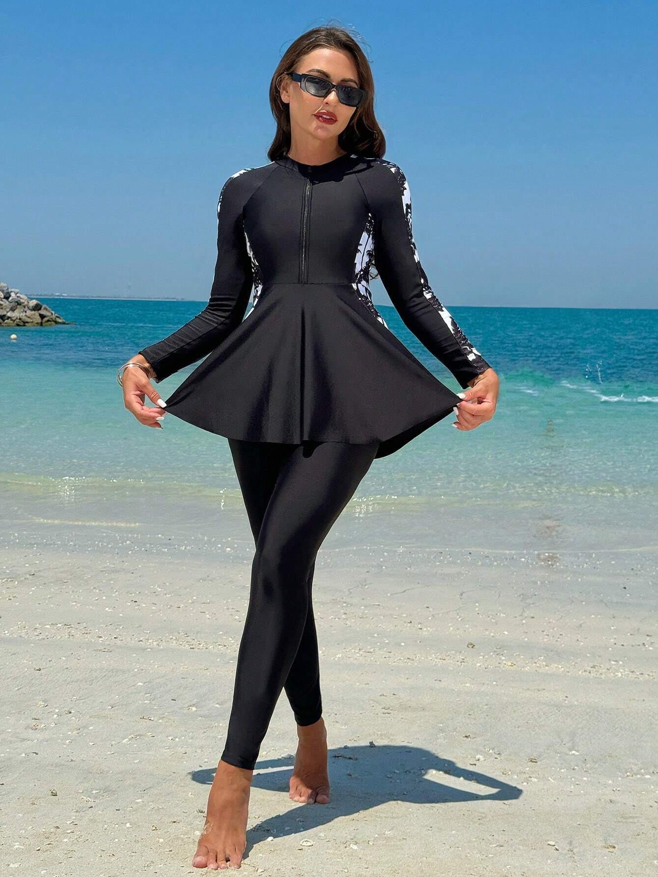 Buy SHEIN Swim Mulvari Women Summer Beach Conservative Style Contrast Plant Print Burkini Set in Pakistan