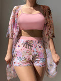 Buy SHEIN Swim Women's Tropical Plant Print Casual Bikini Set With Coverup Short Sleeve Kimono Summer in Pakistan