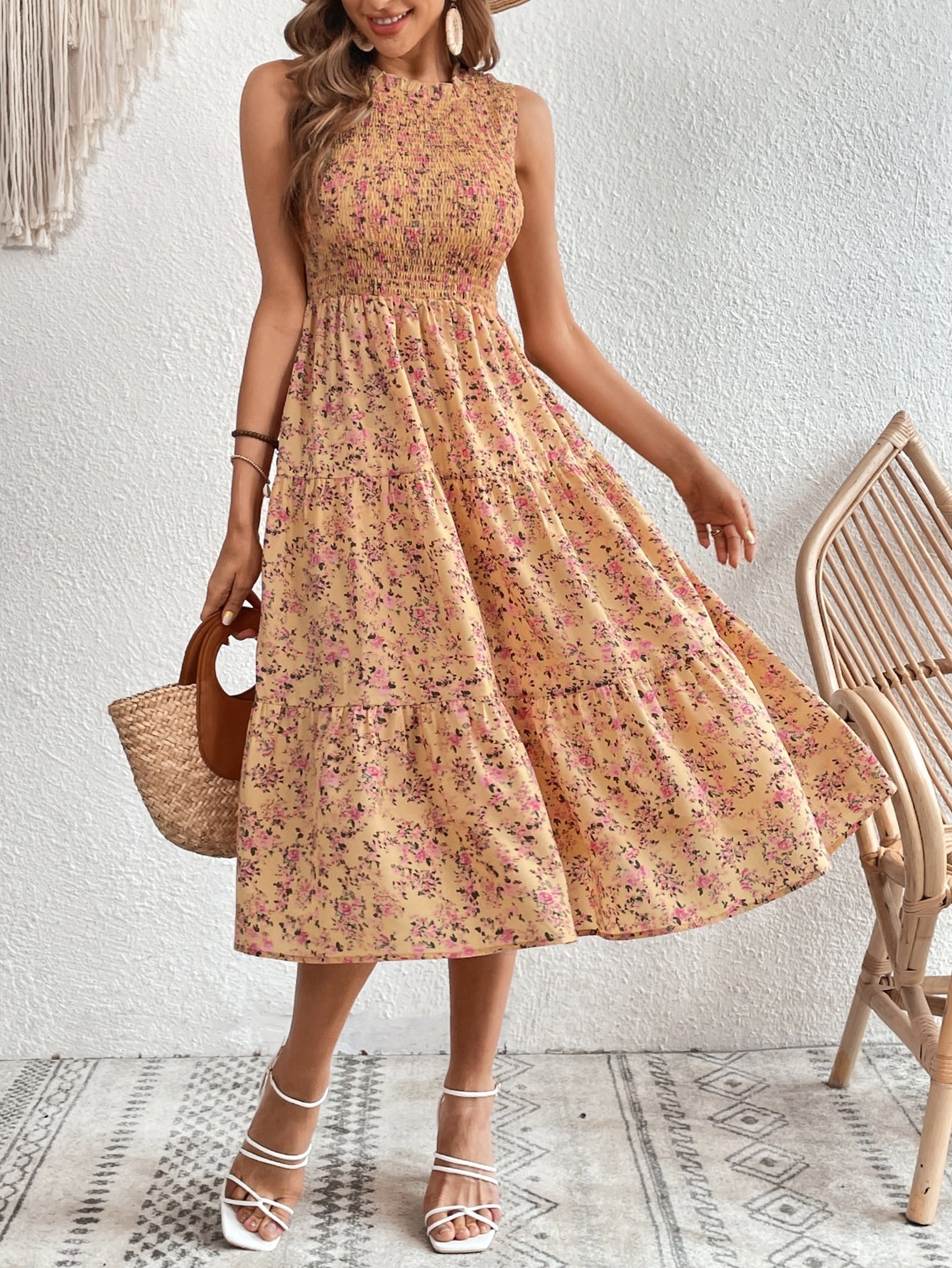 Buy SHEIN VCAY Ditsy Floral Print Ruffle Hem Dress in Pakistan