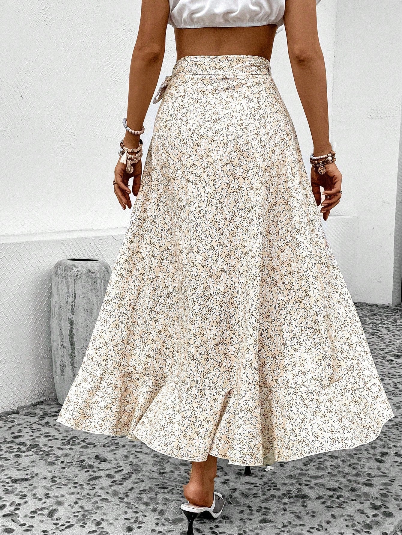 Buy SHEIN VCAY Ditsy Floral Print Ruffle Trim Tie Side Wrap Skirt in Pakistan