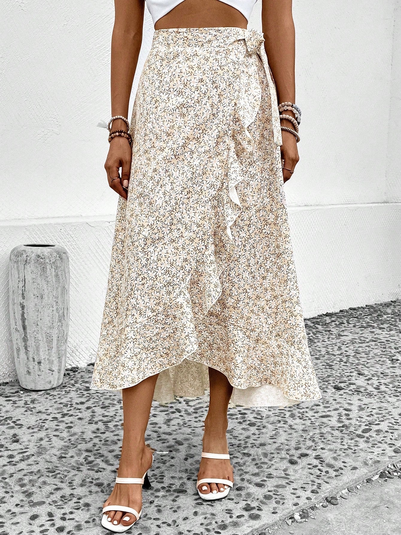 Buy SHEIN VCAY Ditsy Floral Print Ruffle Trim Tie Side Wrap Skirt in Pakistan