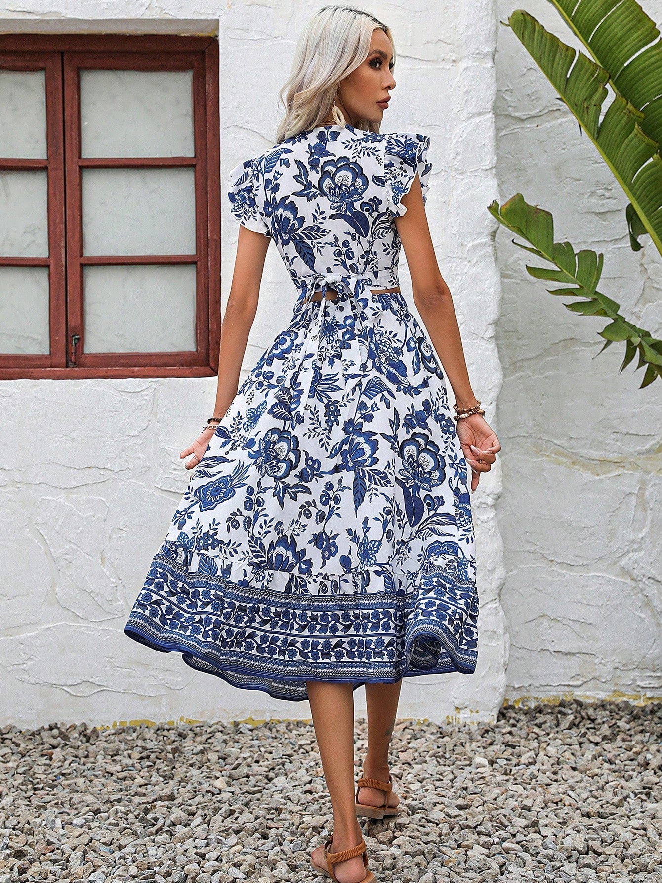 Buy SHEIN VCAY Floral Print Butterfly Sleeve Crop Top & Ruffle Hem Skirt in Pakistan