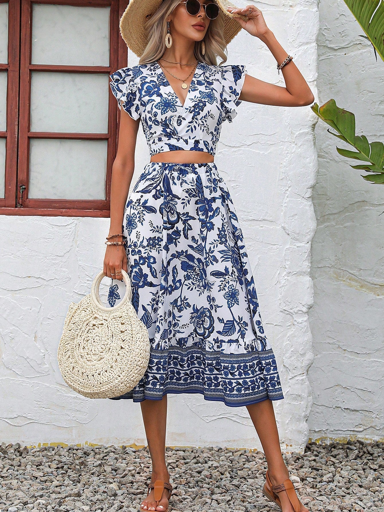 Buy SHEIN VCAY Floral Print Butterfly Sleeve Crop Top & Ruffle Hem Skirt in Pakistan