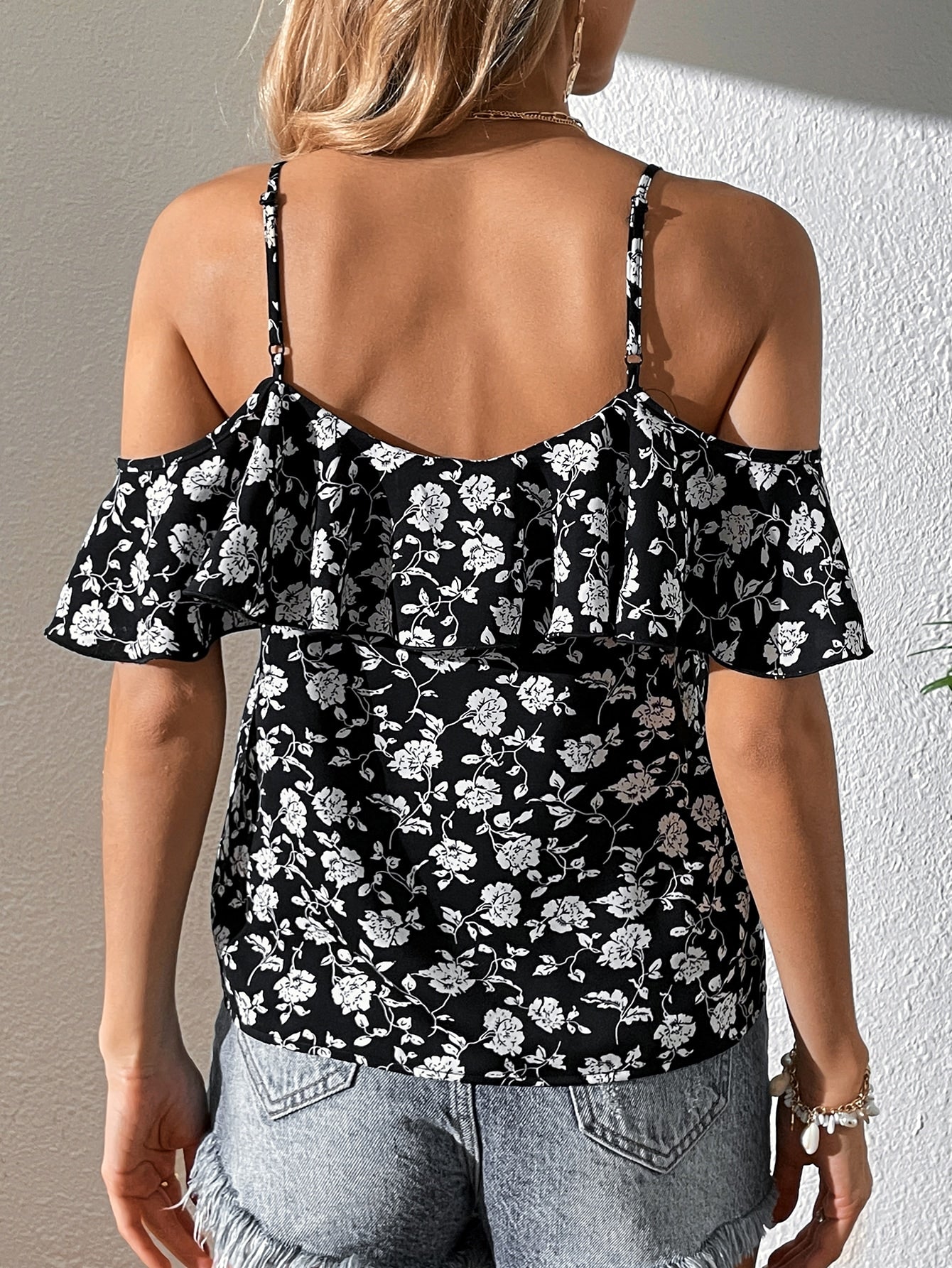 Buy SHEIN VCAY Floral Print Cold Shoulder Blouse in Pakistan