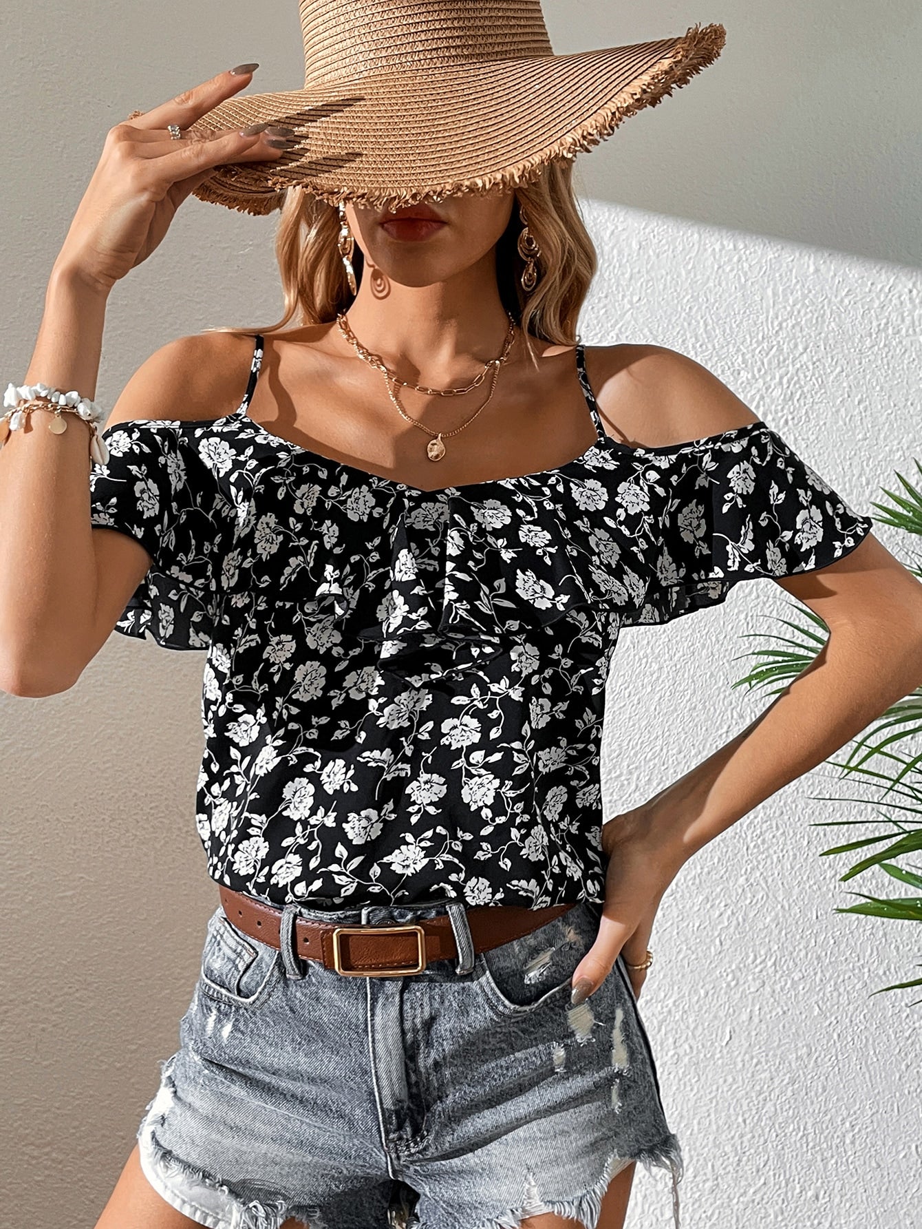 Buy SHEIN VCAY Floral Print Cold Shoulder Blouse in Pakistan