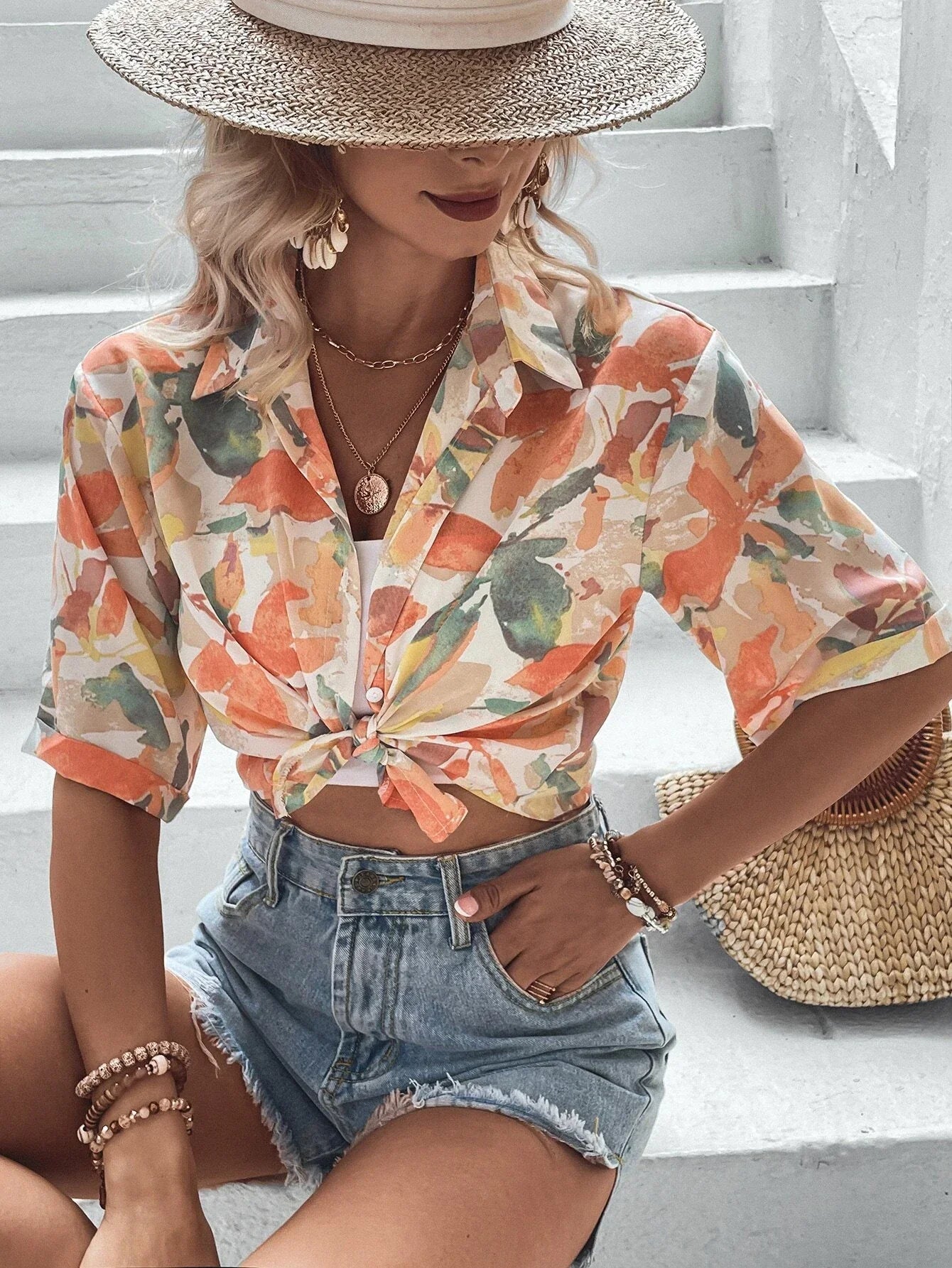 Buy SHEIN VCAY Leaves Print Crop Shirt in Pakistan