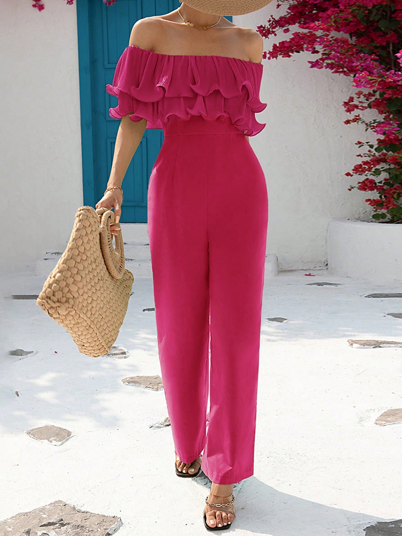 Buy SHEIN VCAY Off Shoulder Ruffle Trim Wide Leg Jumpsuit in Pakistan