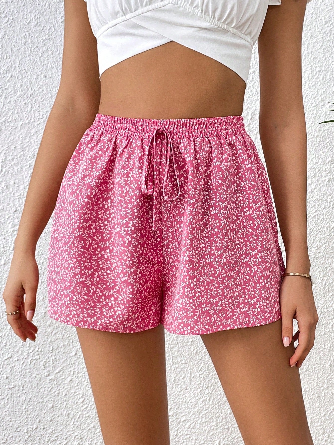 Buy SHEIN VCAY Plants Print Knot Waist Shorts in Pakistan