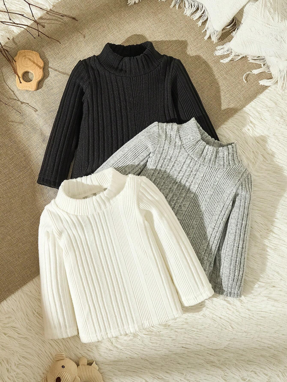 Buy SHEIN Vintaside Kids 3pcs Baby Boy Winter Thick Knitted Daily Casual Sports Tops Set In Black, White And Gray in Pakistan