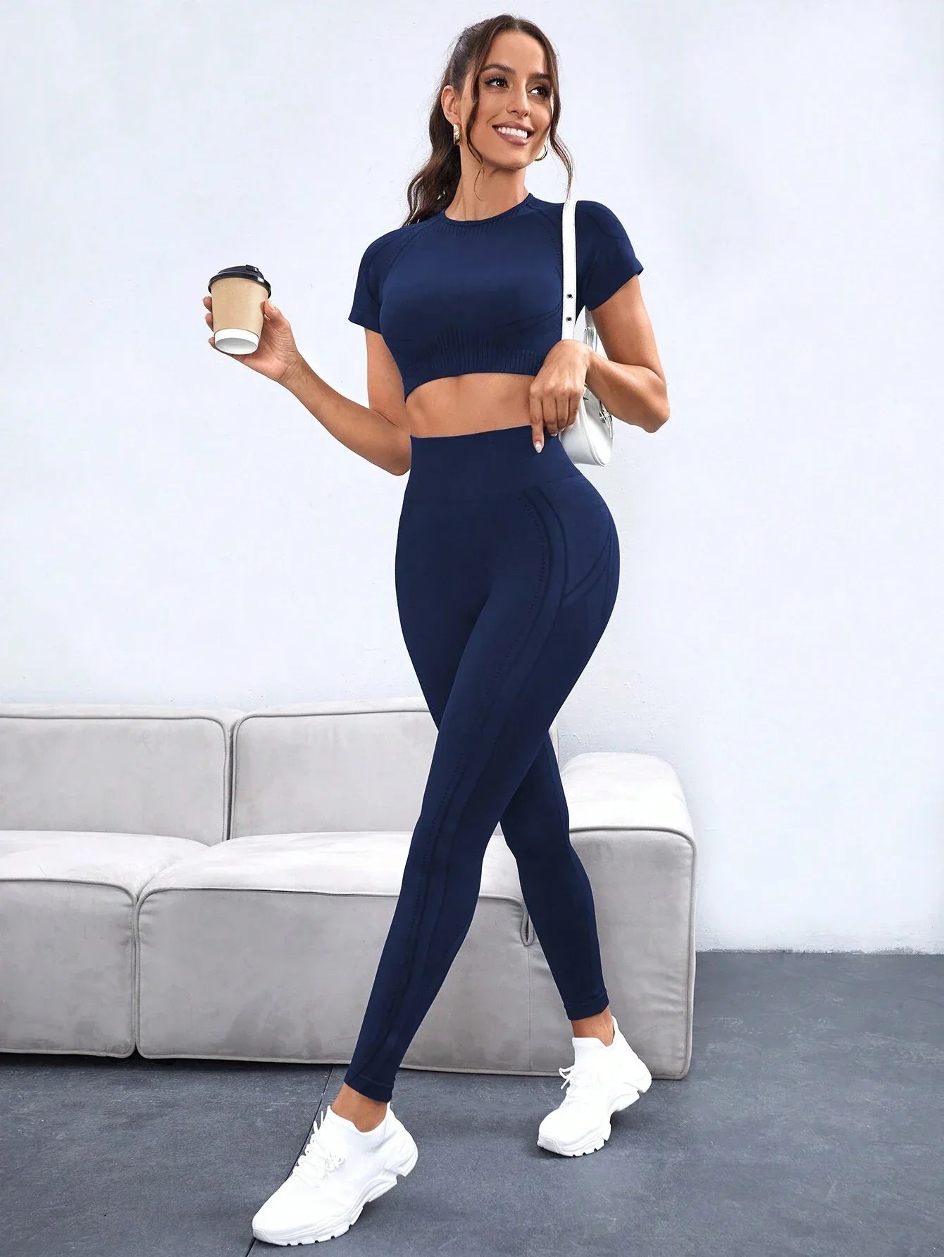 Buy SHEIN Yoga Basic Women's Seamless High Elasticity Sport Short Sleeve Top And Pants Set Workout Set in Pakistan