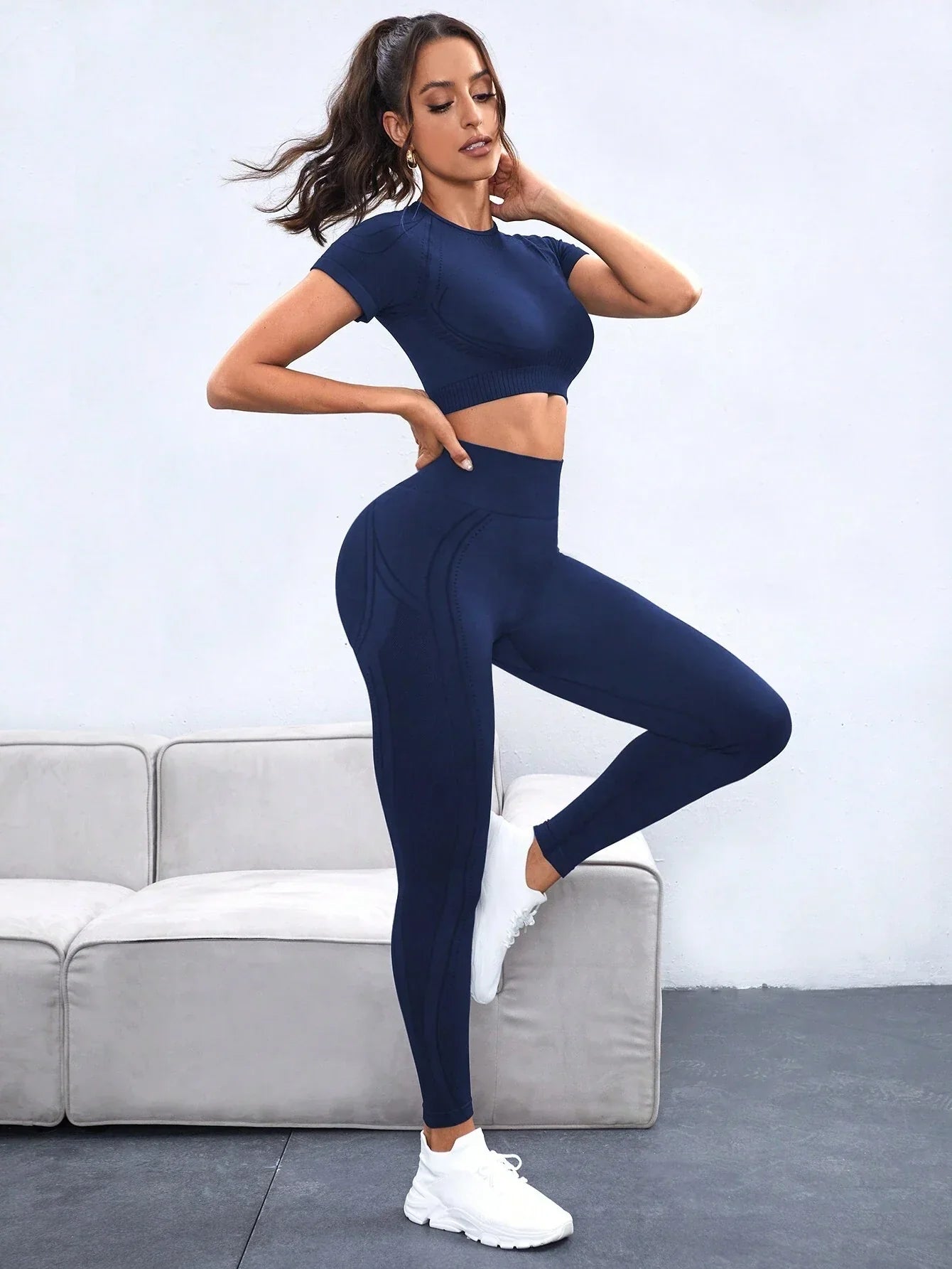 Buy SHEIN Yoga Basic Women's Seamless High Elasticity Sport Short Sleeve Top And Pants Set Workout Set in Pakistan