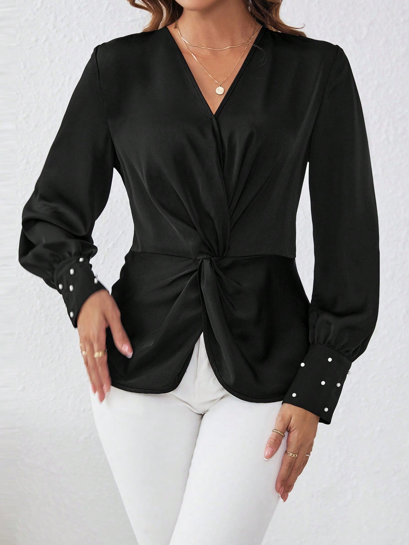 Buy SHEIN Satin Fabric Shirt With Front Knot And Cufflinks Detailed Sleeves in Pakistan