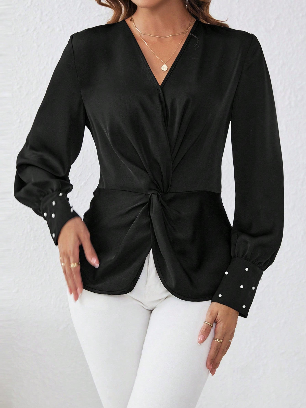 Buy SHEIN Satin Fabric Shirt With Front Knot And Cufflinks Detailed Sleeves in Pakistan