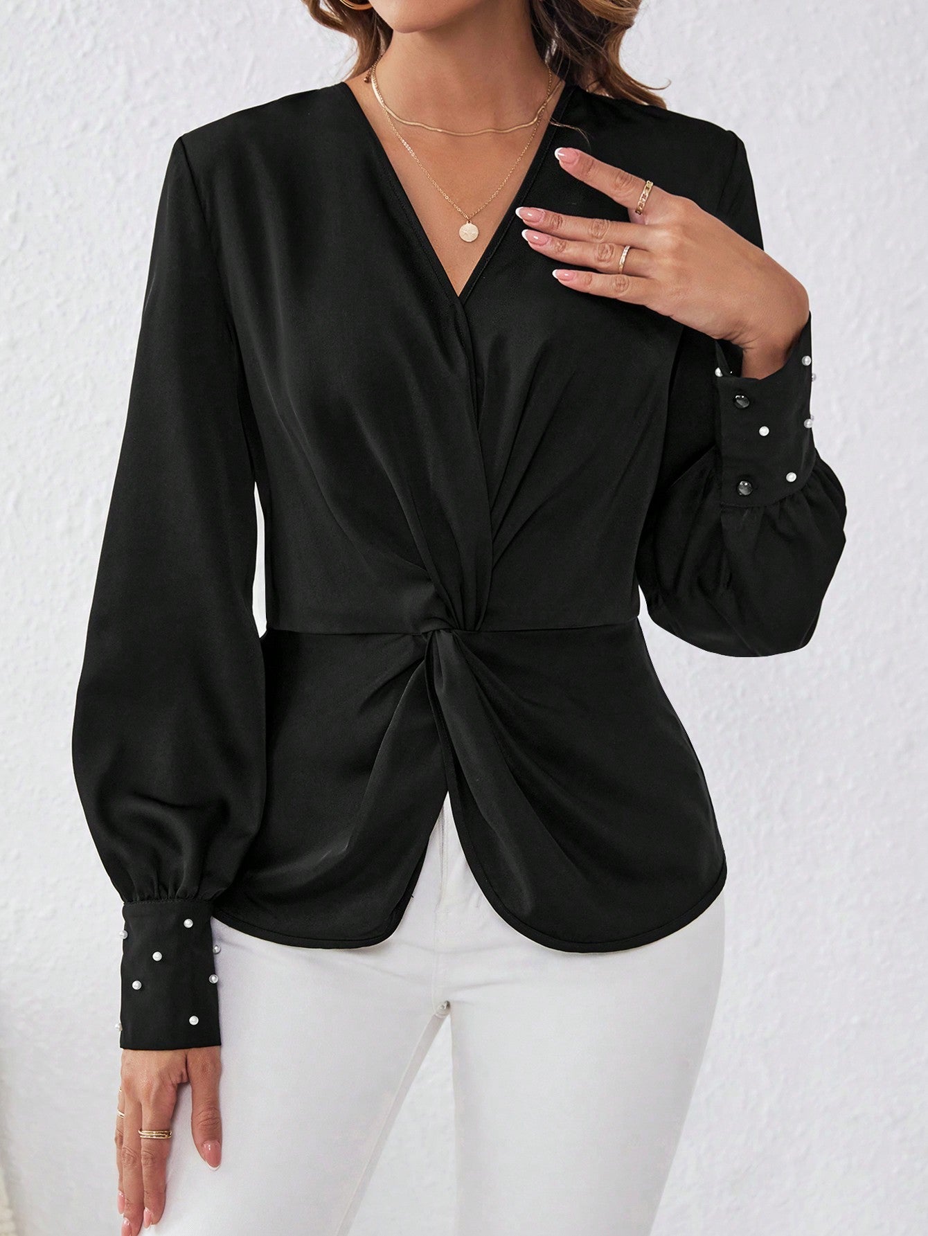 Buy SHEIN Satin Fabric Shirt With Front Knot And Cufflinks Detailed Sleeves in Pakistan