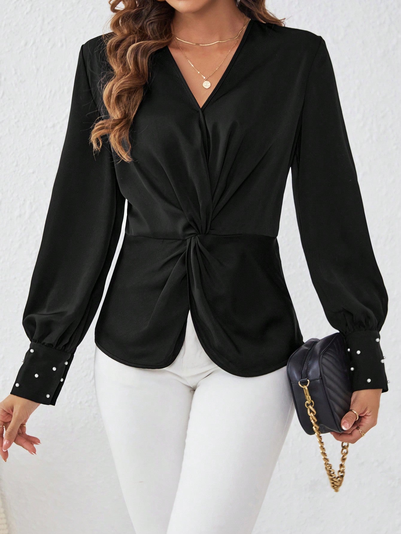 Buy SHEIN Satin Fabric Shirt With Front Knot And Cufflinks Detailed Sleeves in Pakistan