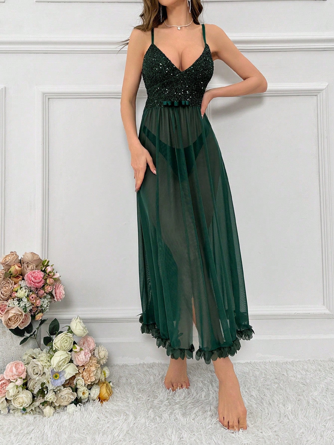 Buy SHEIN Sequin Patchwork See-through Mesh Cami Lingerie Dress in Pakistan