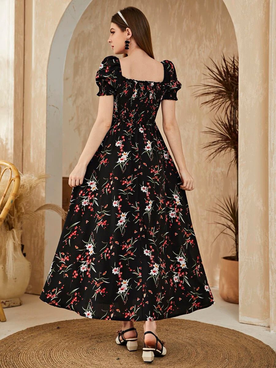 Buy Shein Floral Square Neck Shirred A-line Dress in Pakistan