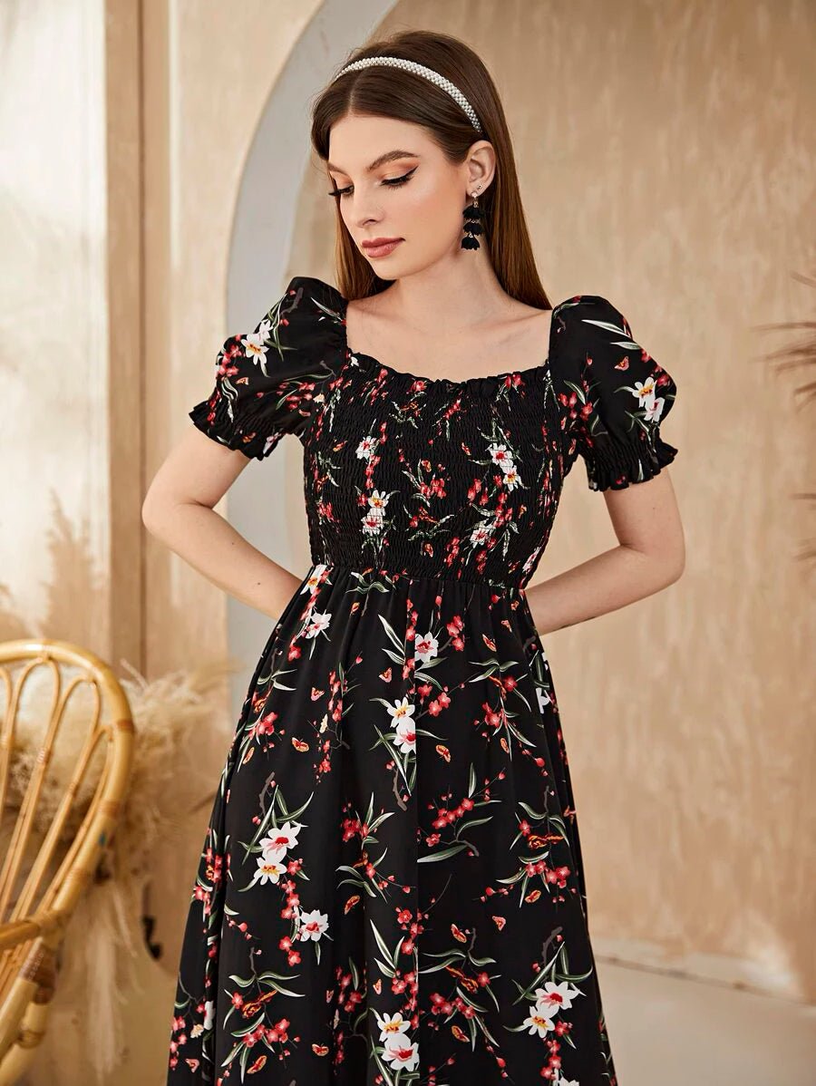 Buy Shein Floral Square Neck Shirred A-line Dress in Pakistan