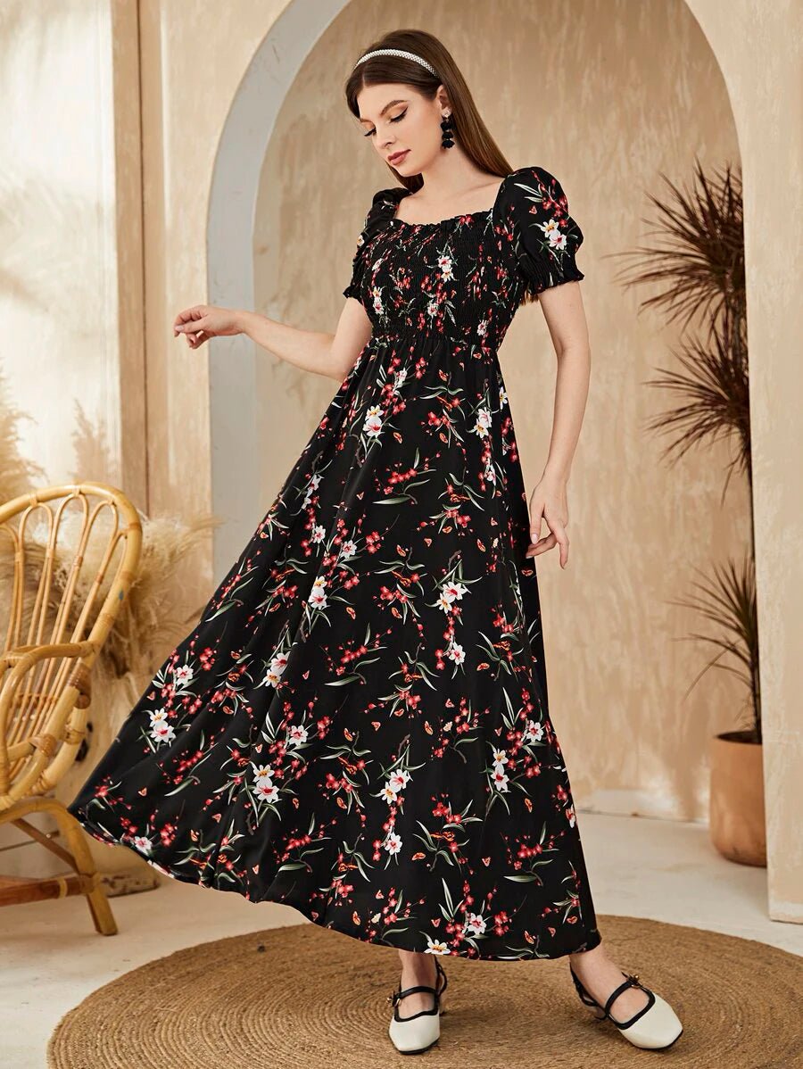 Buy Shein Floral Square Neck Shirred A-line Dress in Pakistan