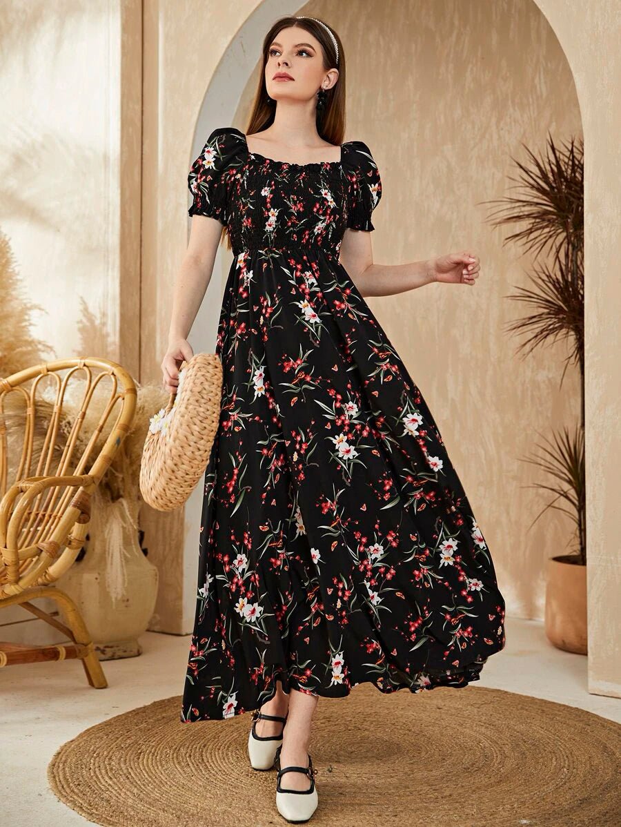 Buy Shein Floral Square Neck Shirred A-line Dress in Pakistan