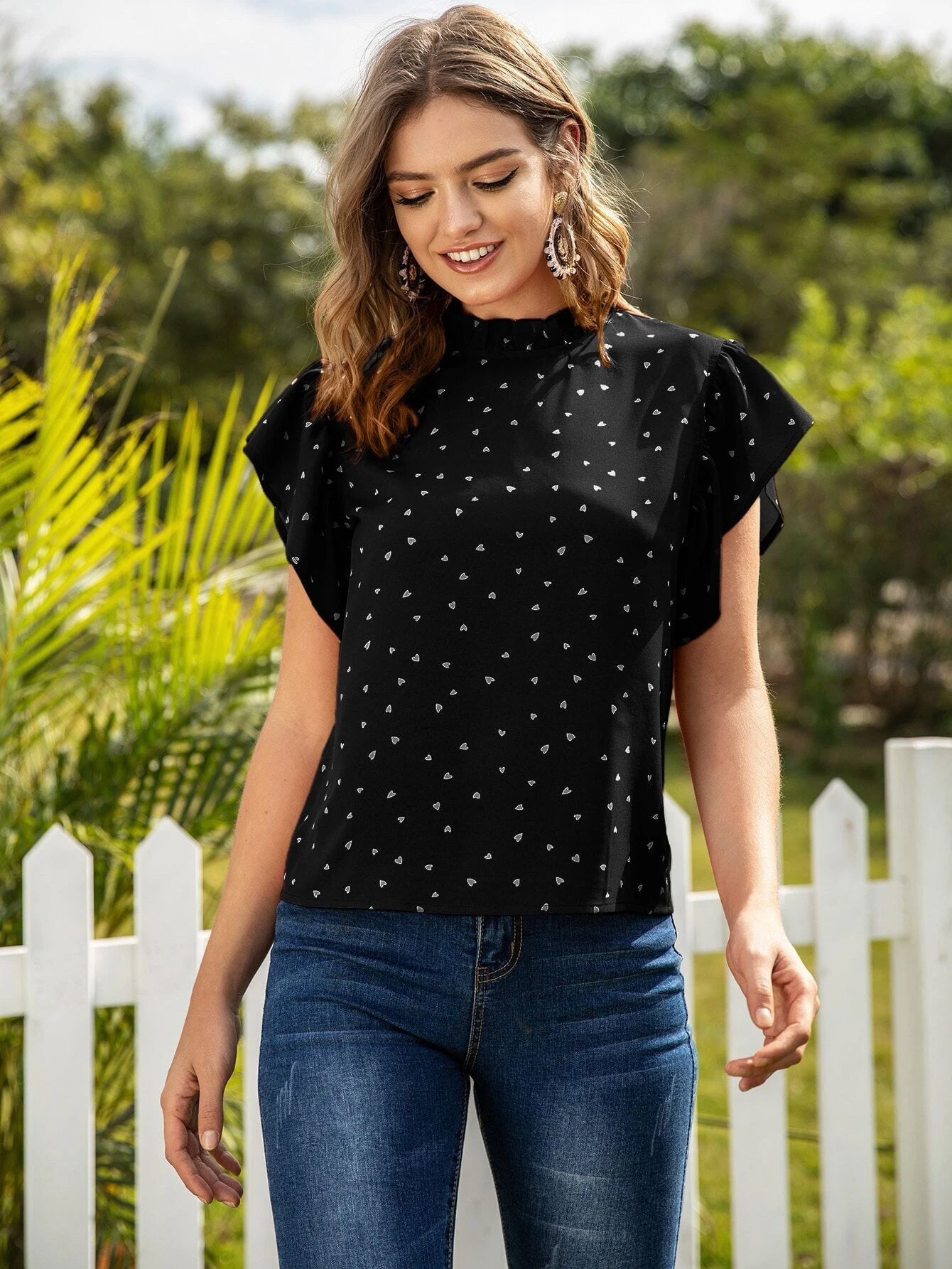 Buy Shein Heart Confetti Mock Neck Keyhole Back Blouse in Pakistan