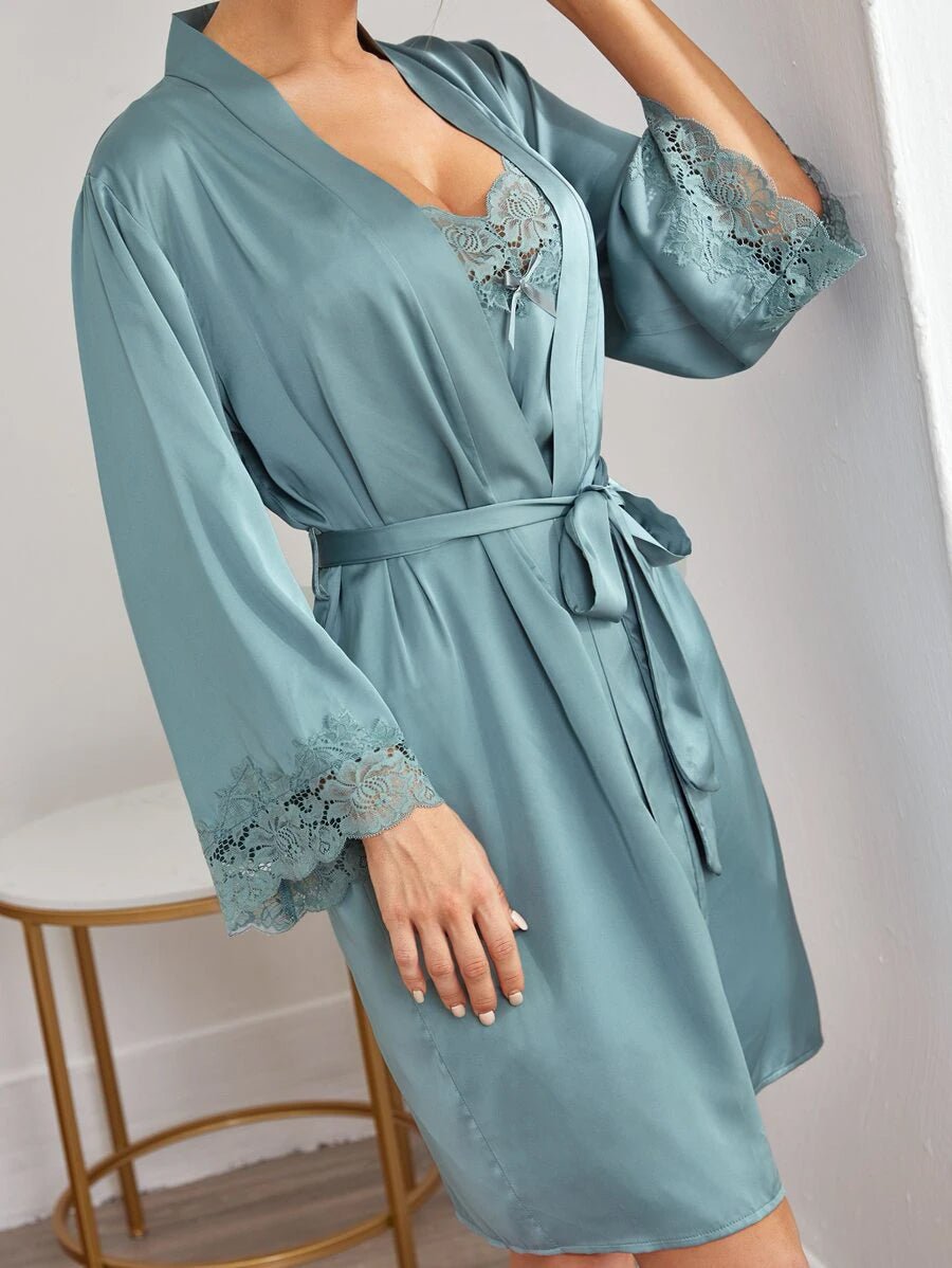 Buy Shein Lace Trim Satin Slips With Belted Robe in Pakistan