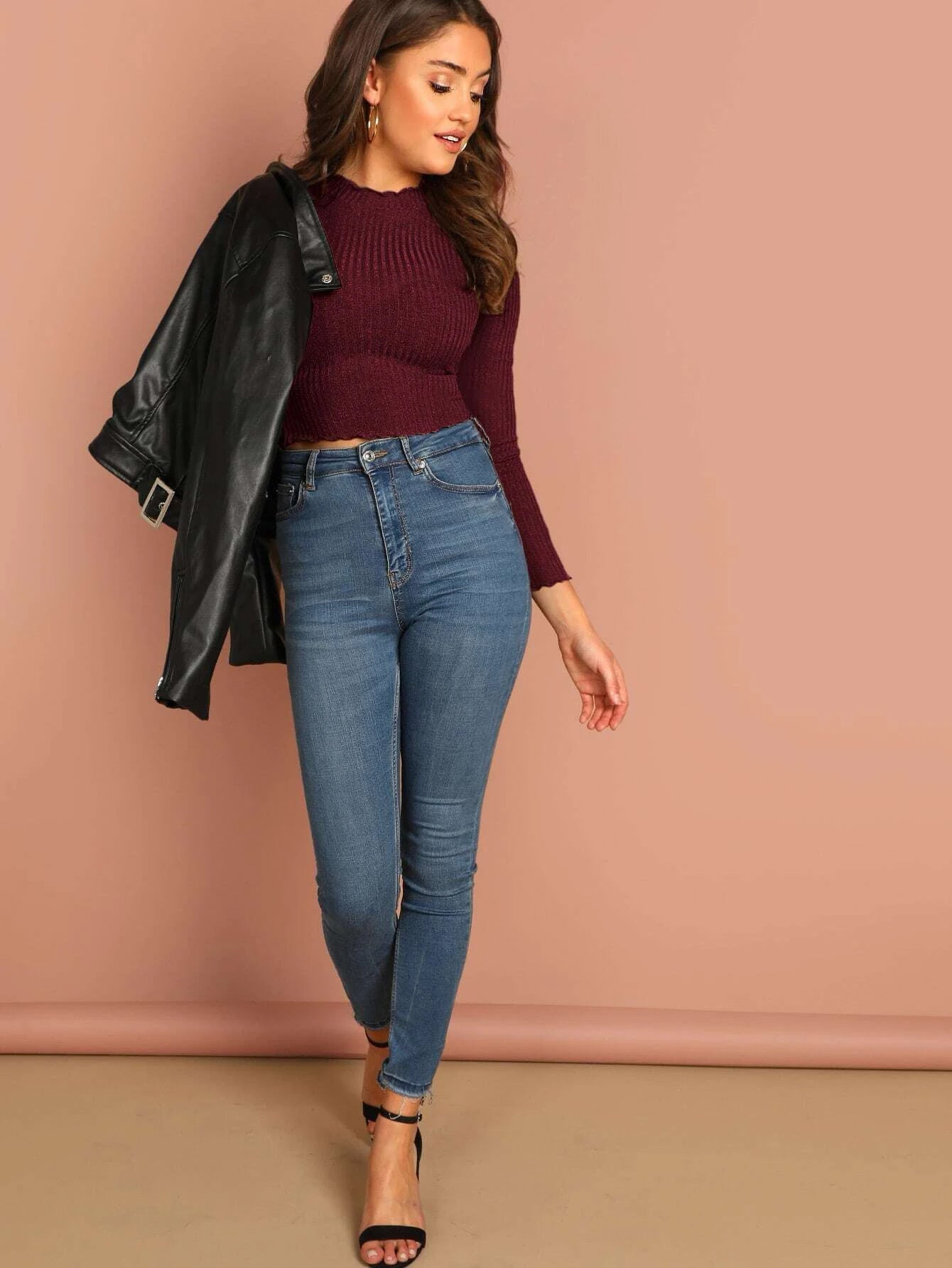 Buy Shein Lettuce Trim Solid Crop Tee in Pakistan